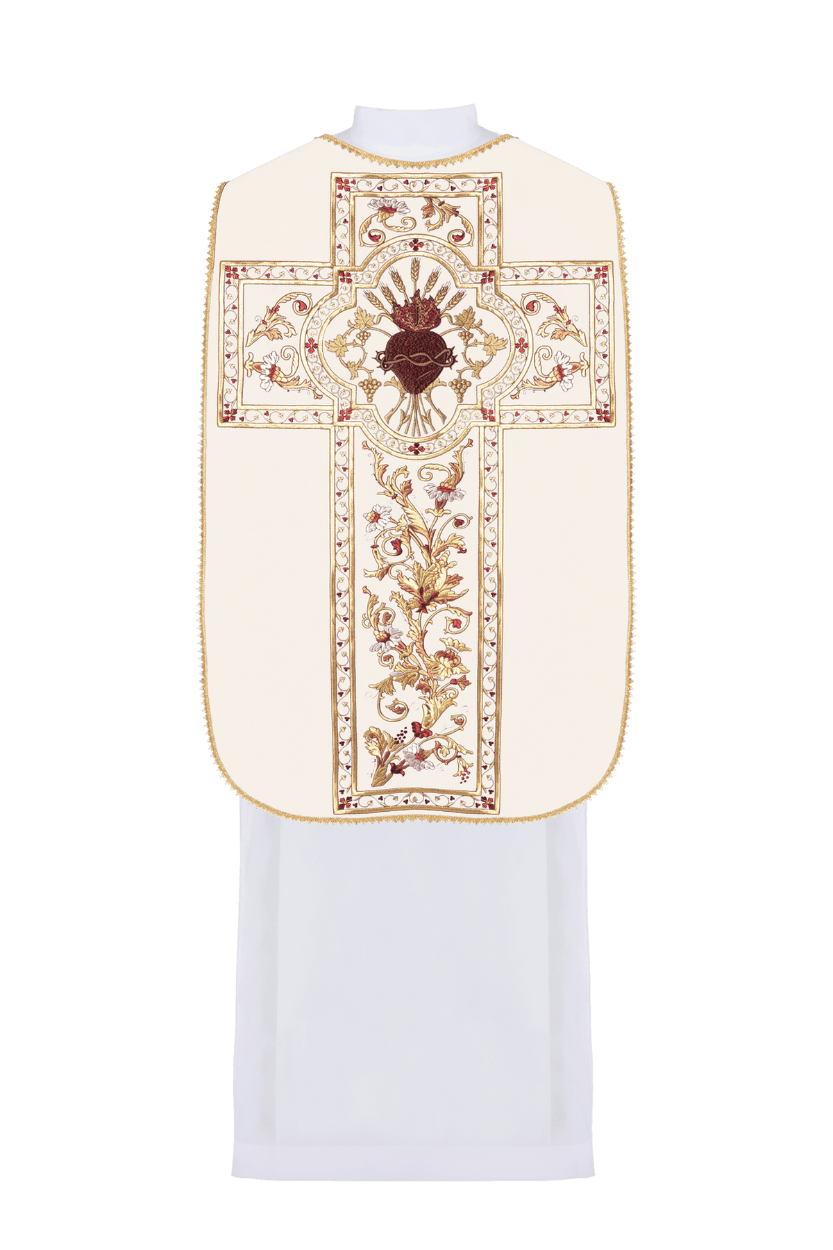 Roman chasuble back with embroidered Sacred Heart of Jesus cross and gold trim