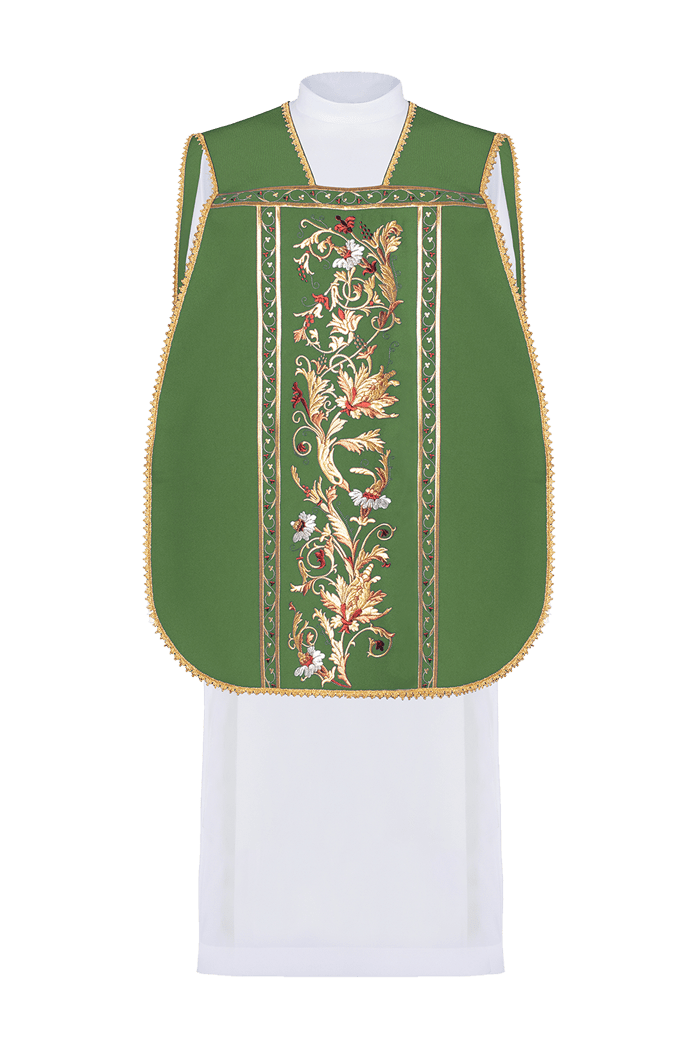 Green Roman chasuble front view with embroidered floral panel and gold trim