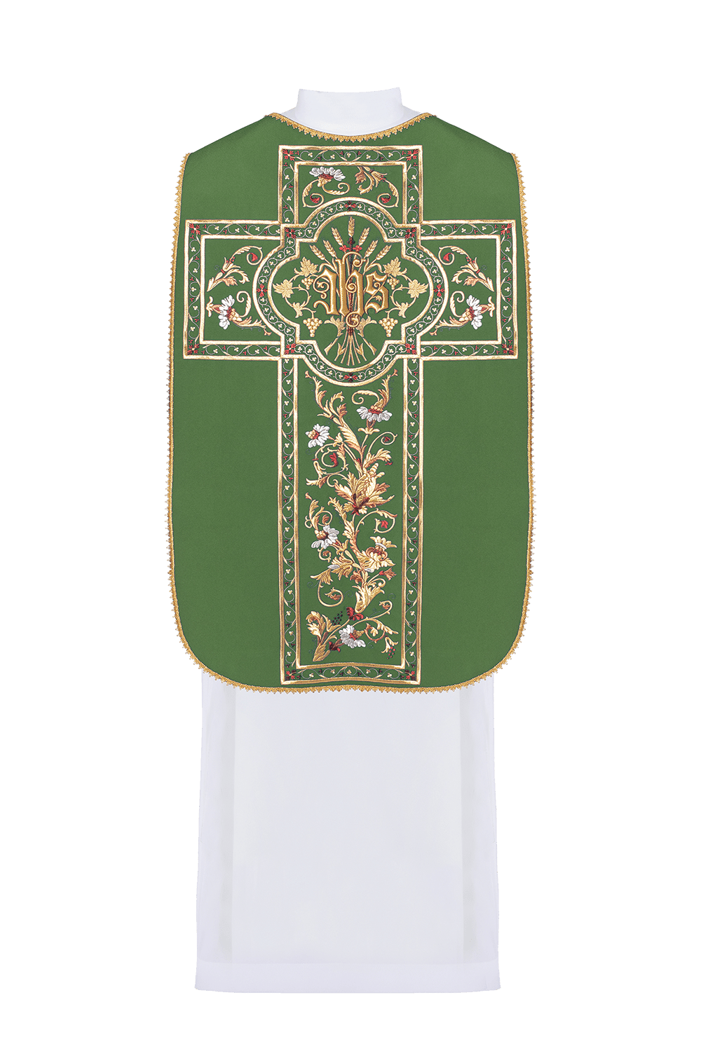 Green Roman chasuble back view with embroidered IHS motif and floral panel