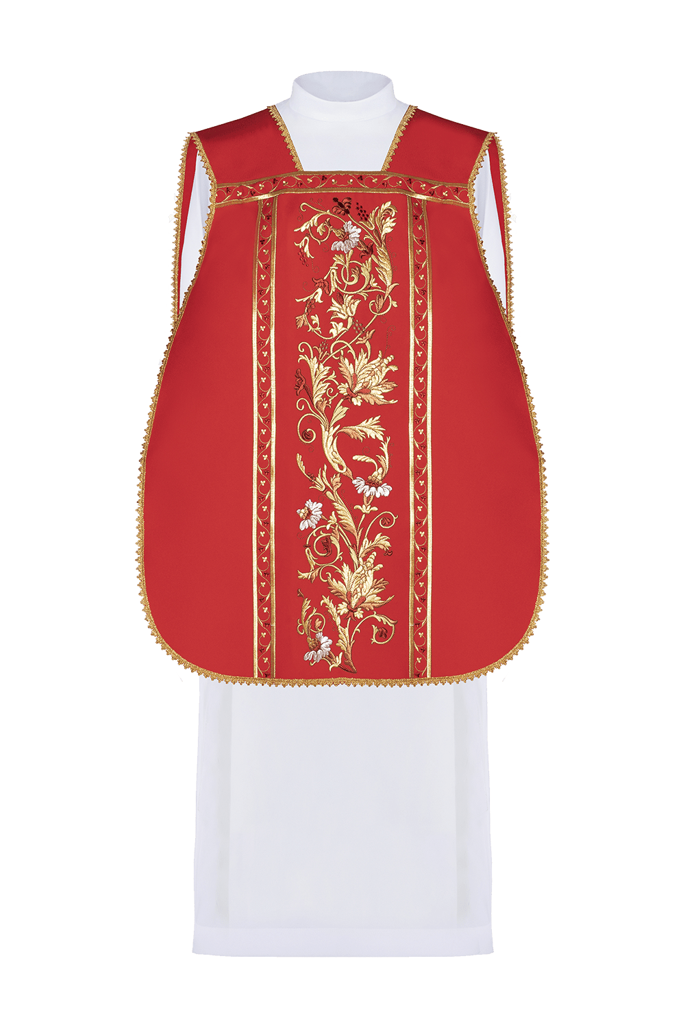 Red Roman chasuble front view with embroidered gold floral panel and trim