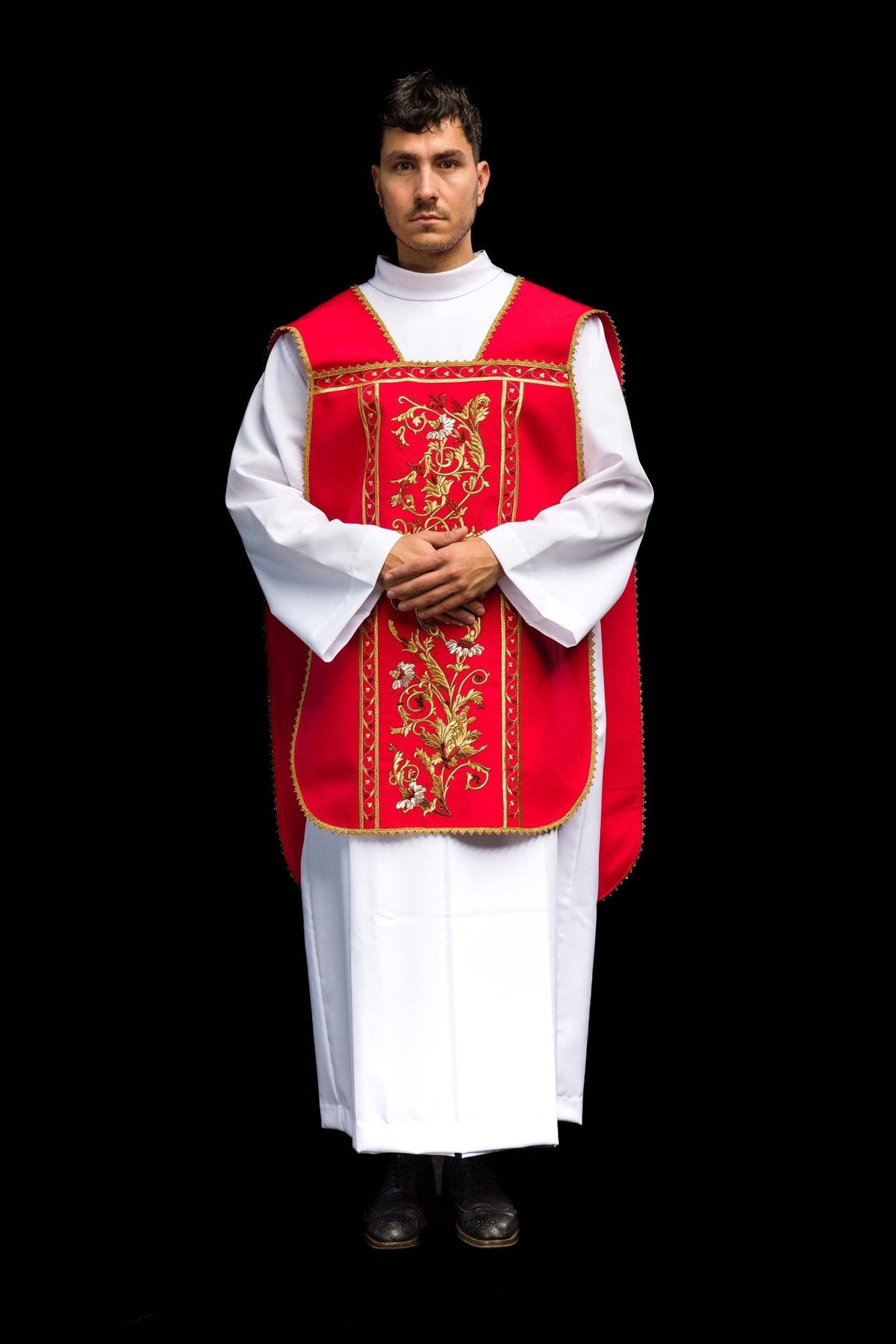 Red Roman chasuble worn, front view with embroidered floral panel