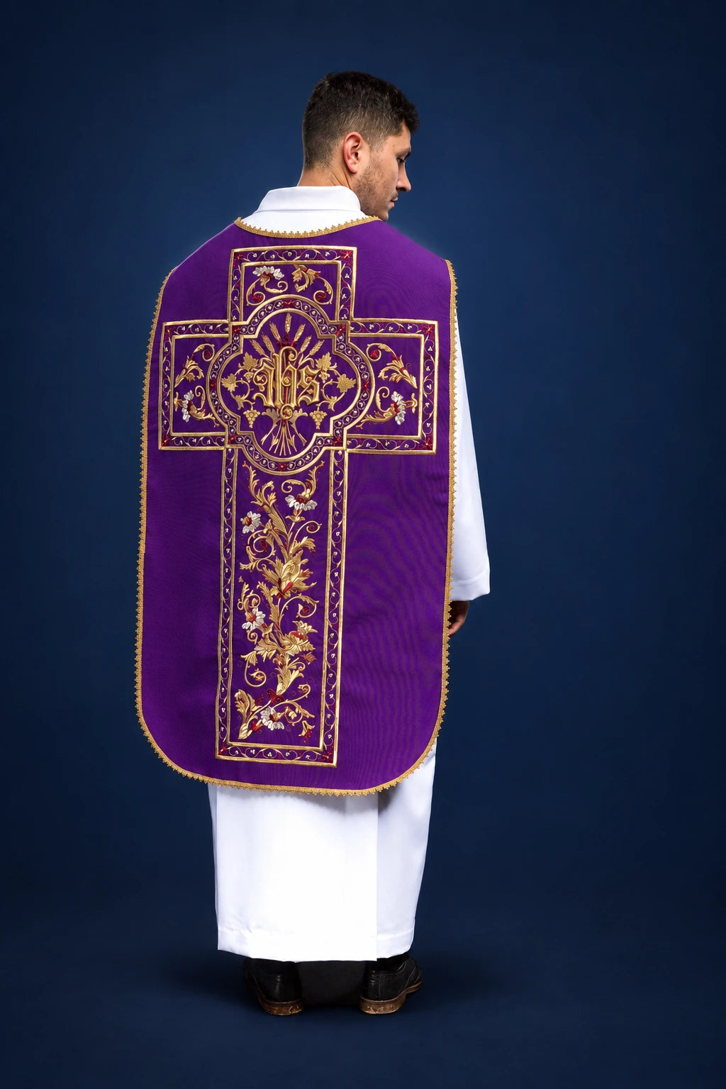 Purple Embroidered Roman Chasuble with IHS Motif, back view with gold embroidery and trim