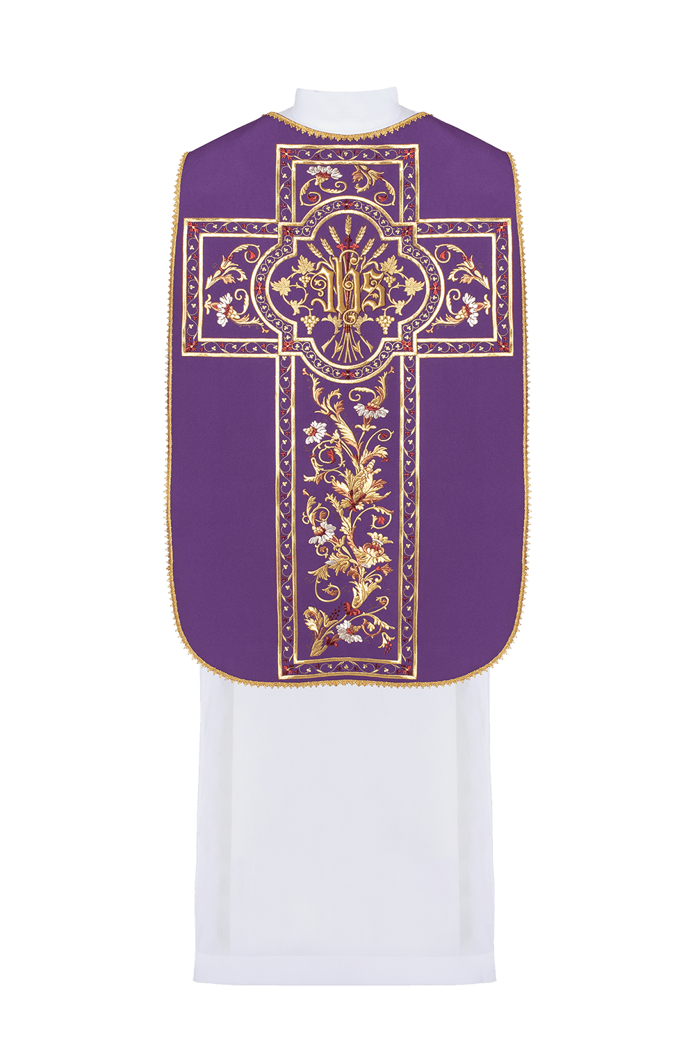 Roman chasuble back view with purple satin, IHS motif, floral embroidery and gold trim