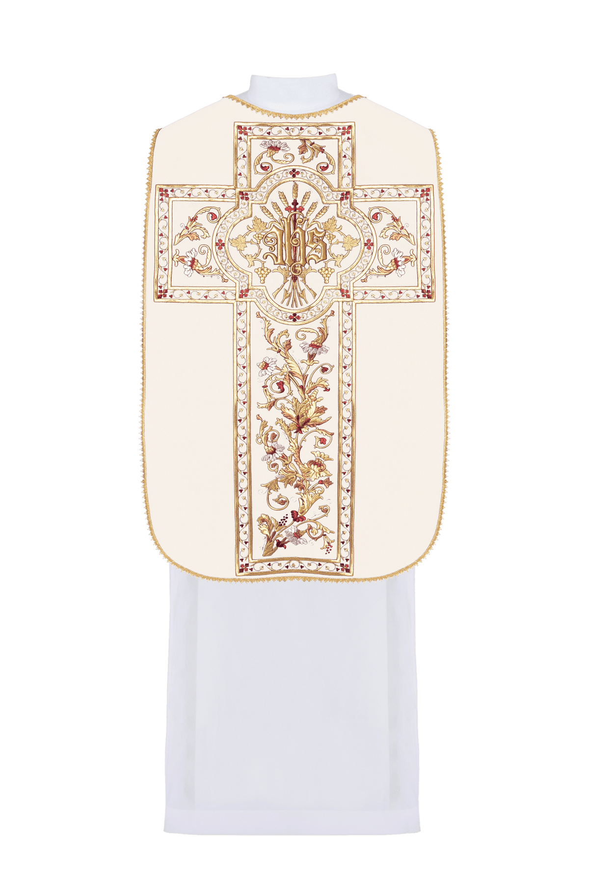 Roman chasuble back view with embroidered IHS cross and floral panel in gold and red