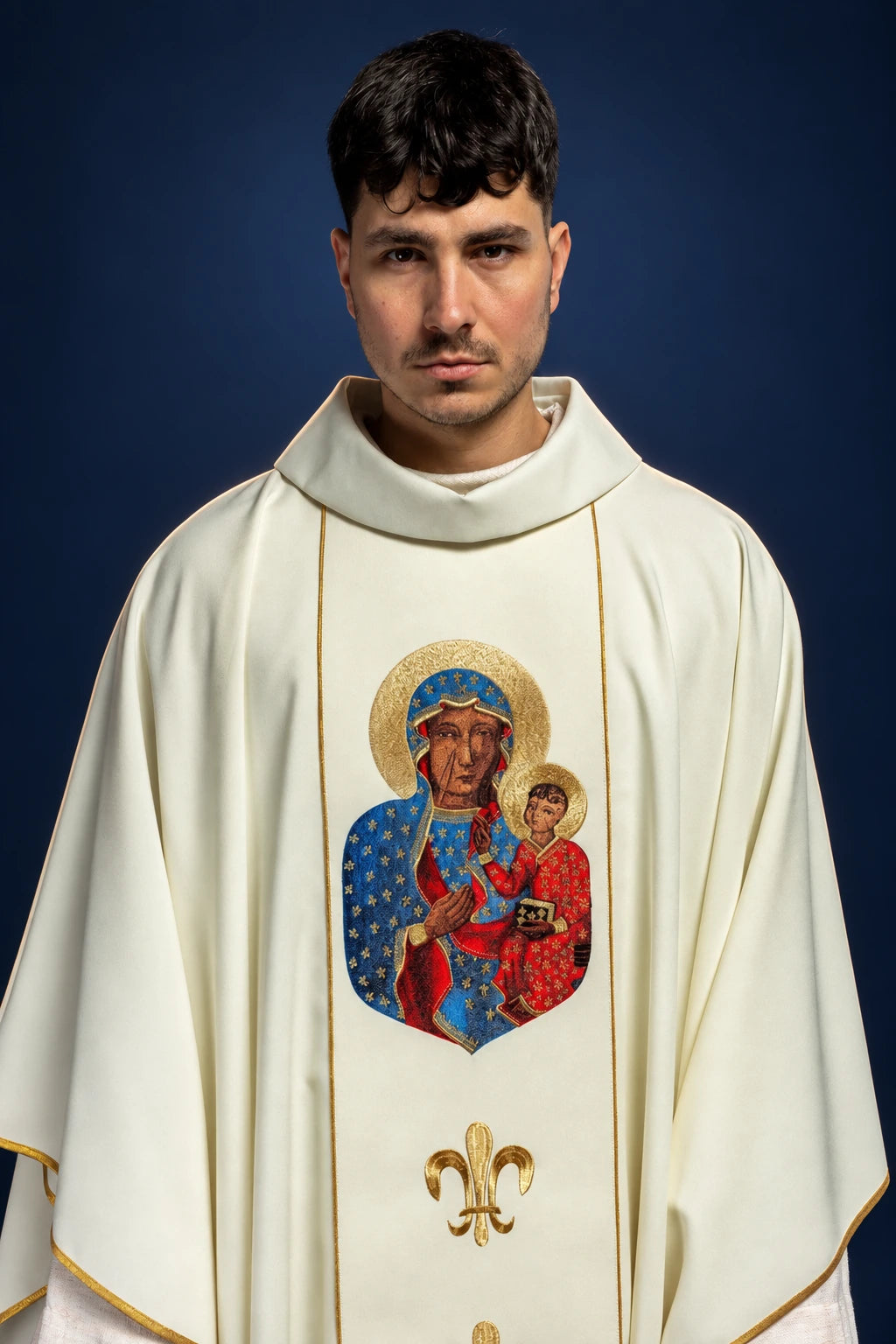 Ecru Chasuble Featuring Our Lady of Częstochowa, front view with gold trim and embroidery