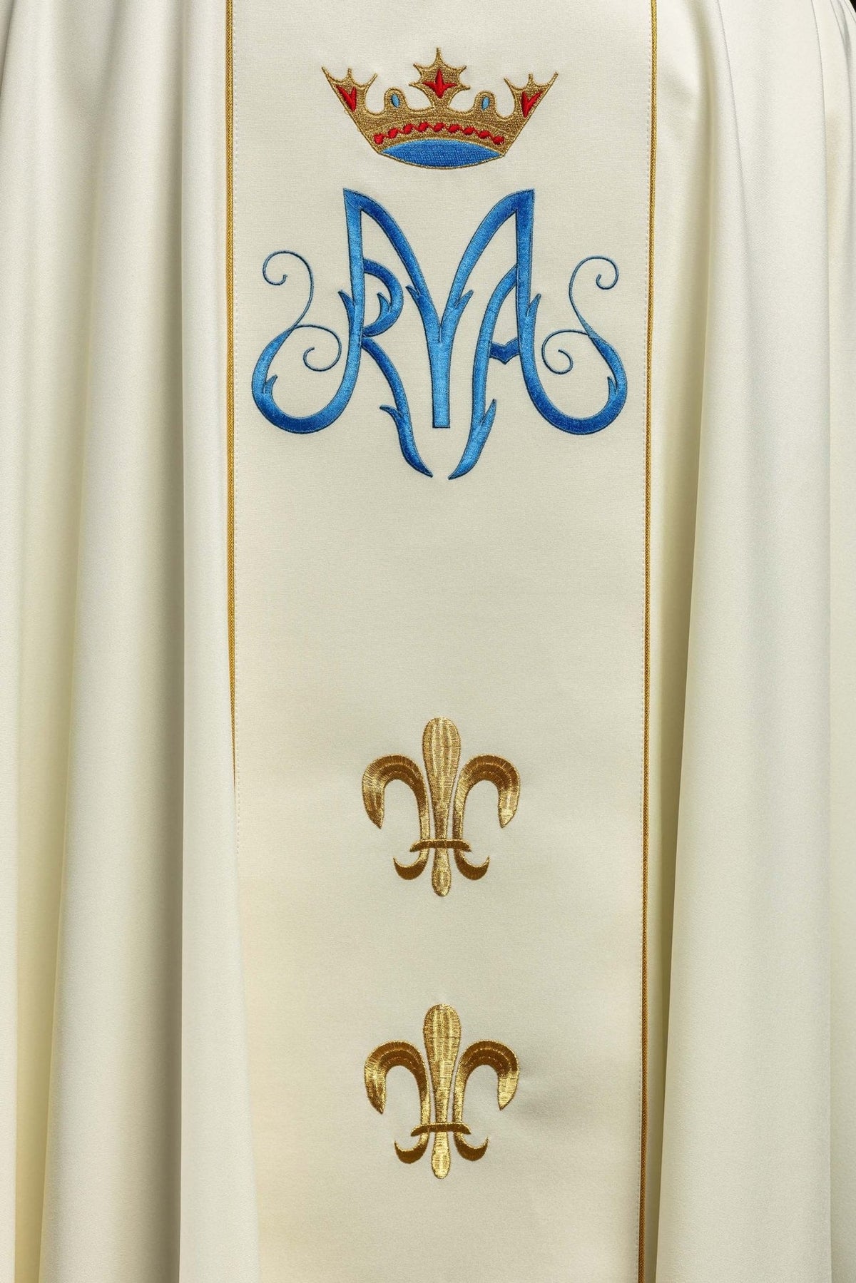 Ecru chasuble back view with crown, Marian monogram and gold trim