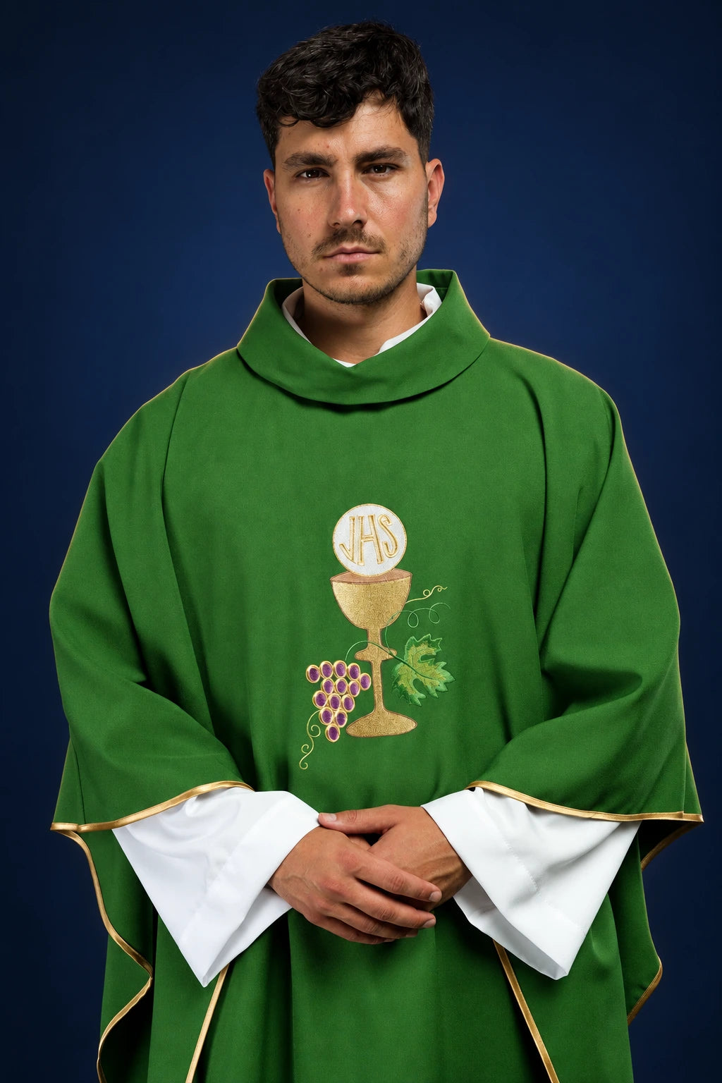 Green Embroidered Chasuble with Chalice and Grapes, front view with gold trim