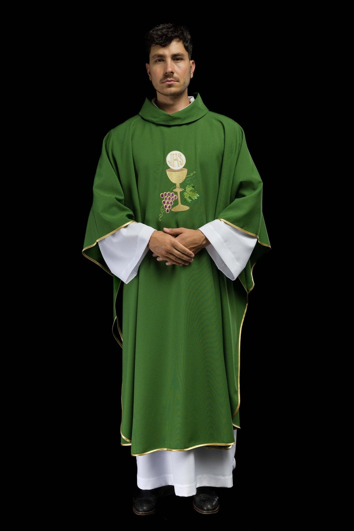 Green embroidered chasuble, full front view with chalice and grapes