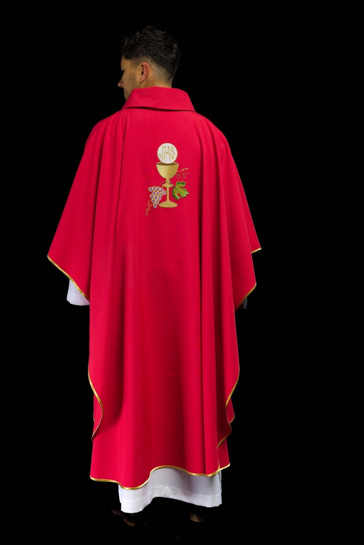 Red chasuble, back view with chalice, cross and grapes embroidery
