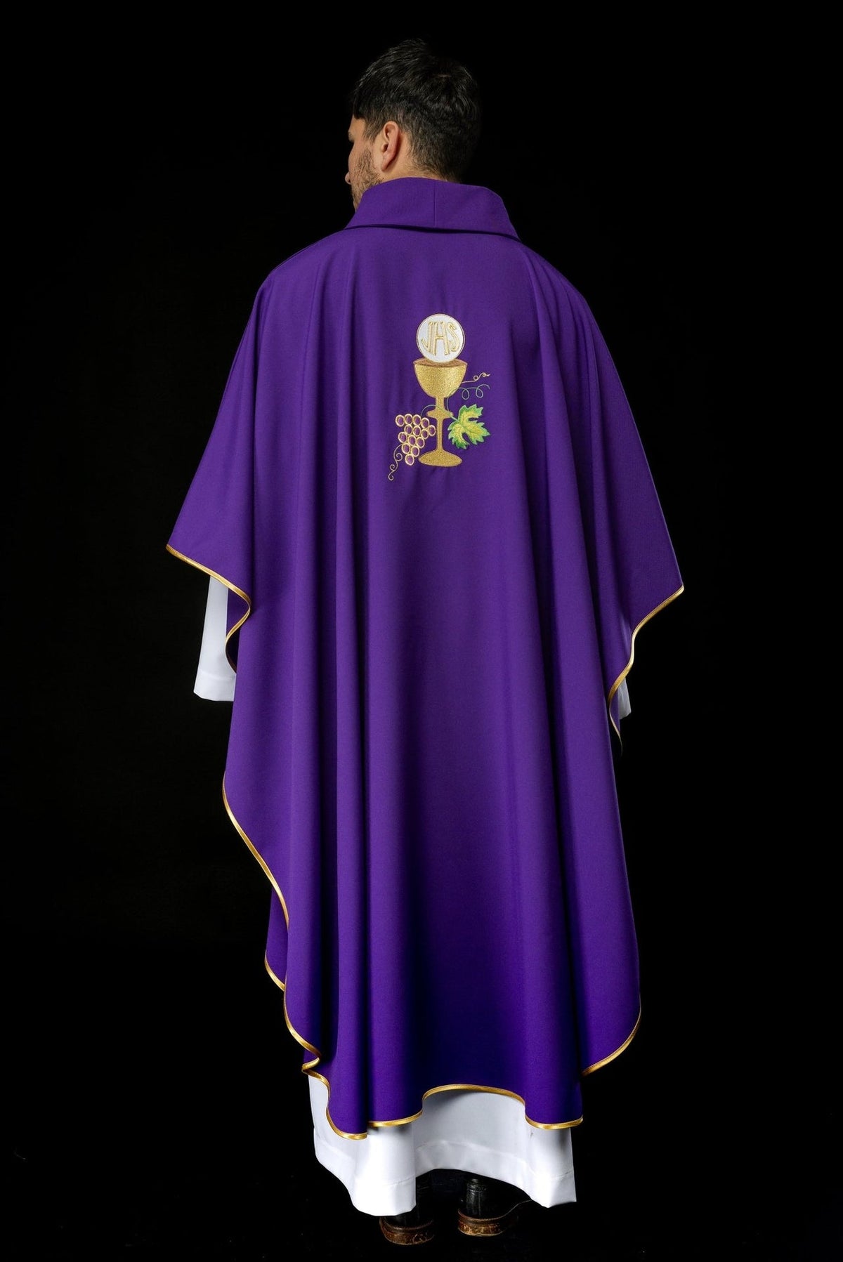 Purple chasuble back view with chalice and grapes embroidery
