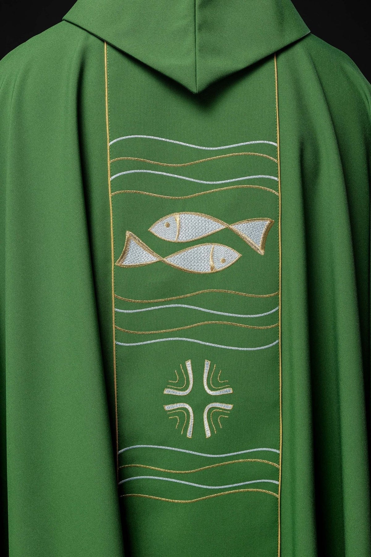 Green chasuble back view with fish, cross and wave embroidery on the orphrey