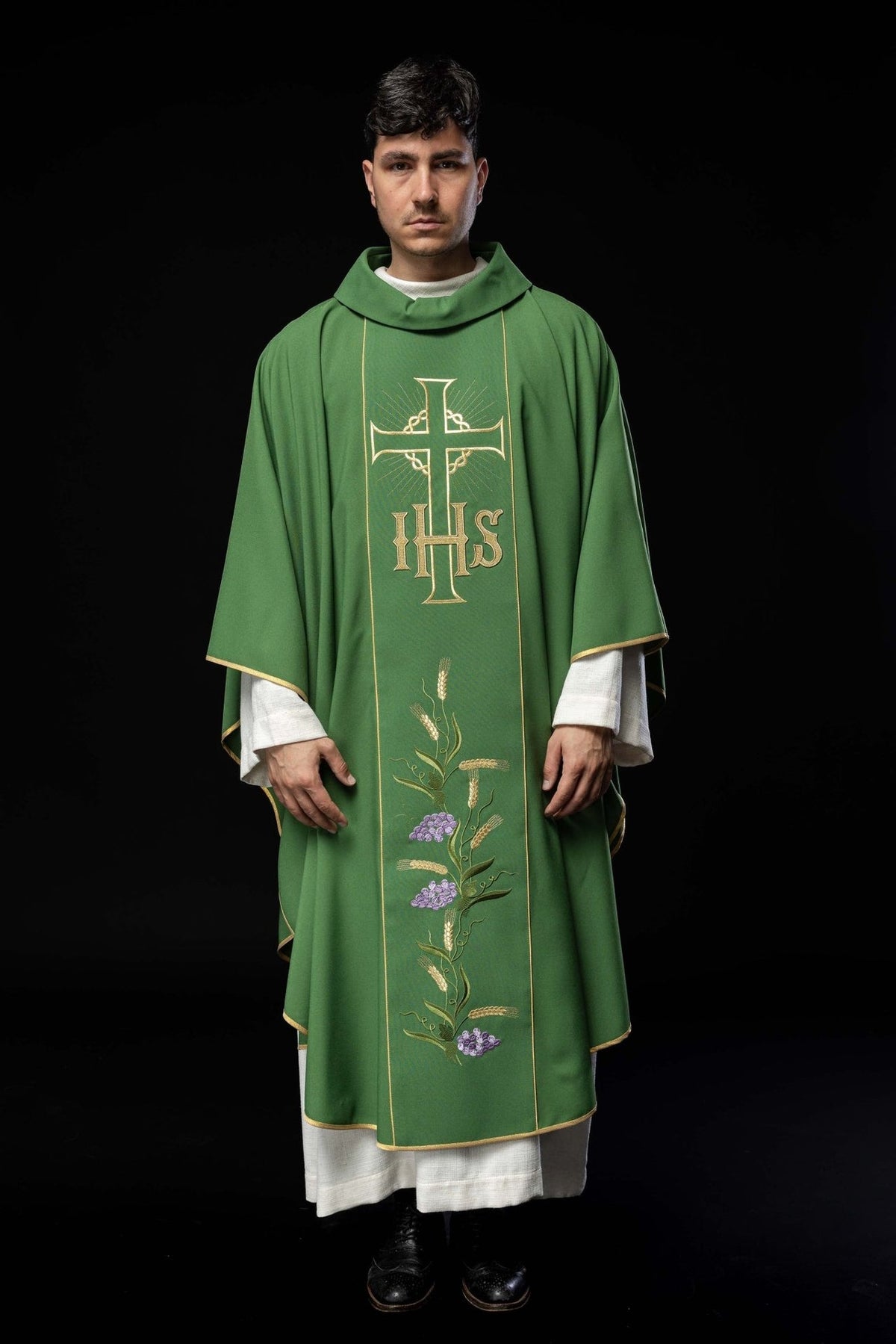 Green chasuble front view showing stand-up collar, gold orphrey, cross, IHS, wheat and grapes