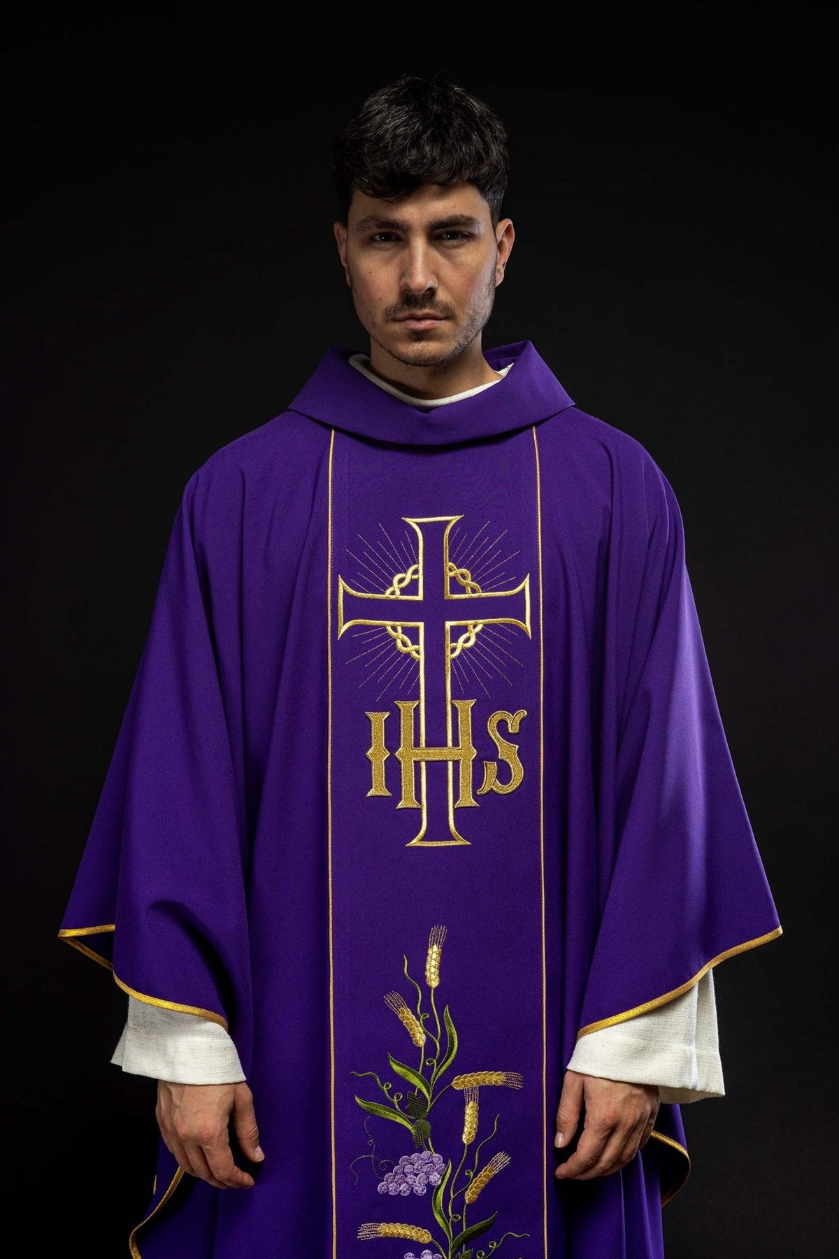 Purple chasuble front close-up with gold cross, IHS and wheat embroidery