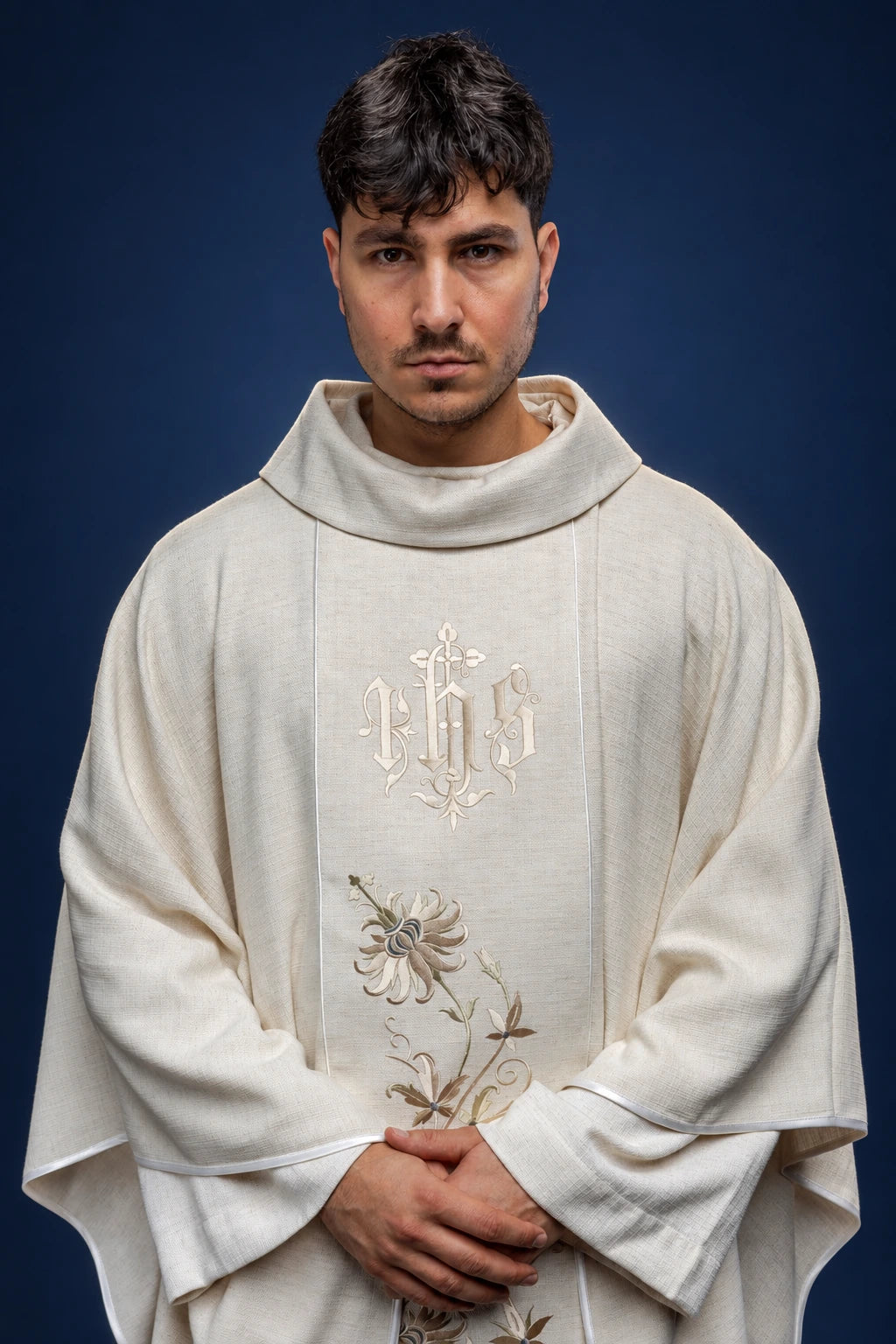 Ecru Chasuble with Embroidered IHS Orphrey, front view with floral embroidery and stand-up collar