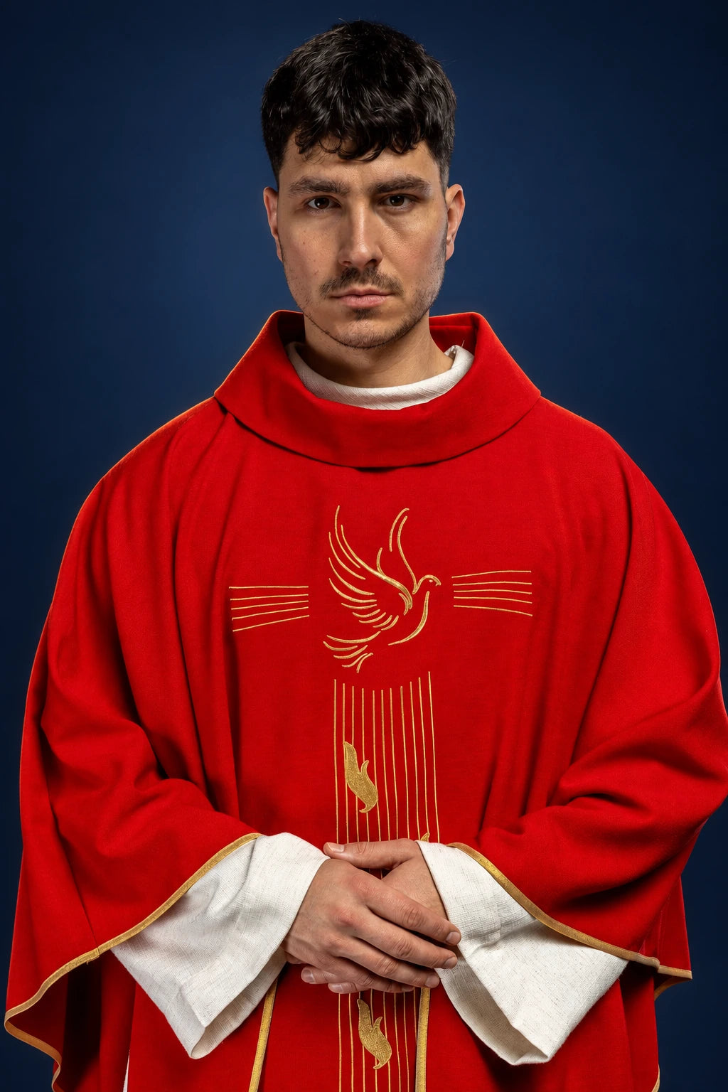 Red Chasuble with Gold Trim and Holy Spirit Embroidery, front view with stand-up collar