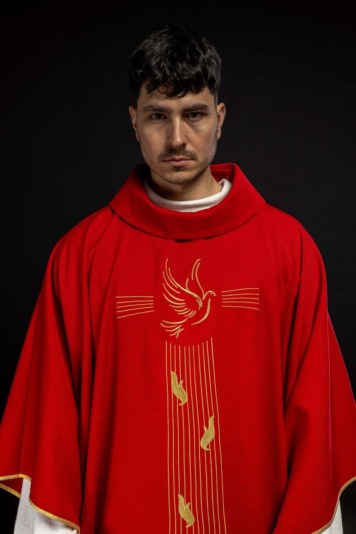 Red chasuble front upper view with stand-up collar and Holy Spirit embroidery