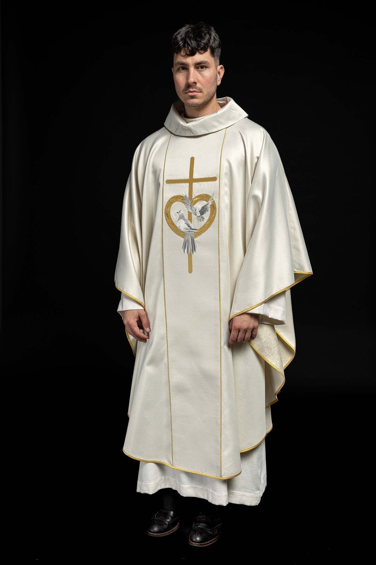 Wedding chasuble full front view with ecru satin and gold trim