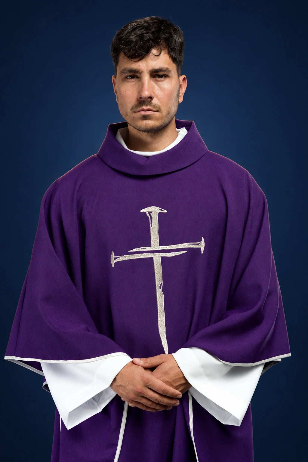 Purple Chasuble with Silver Embroidered Cross for Lent, front view with stand-up collar and silver trim