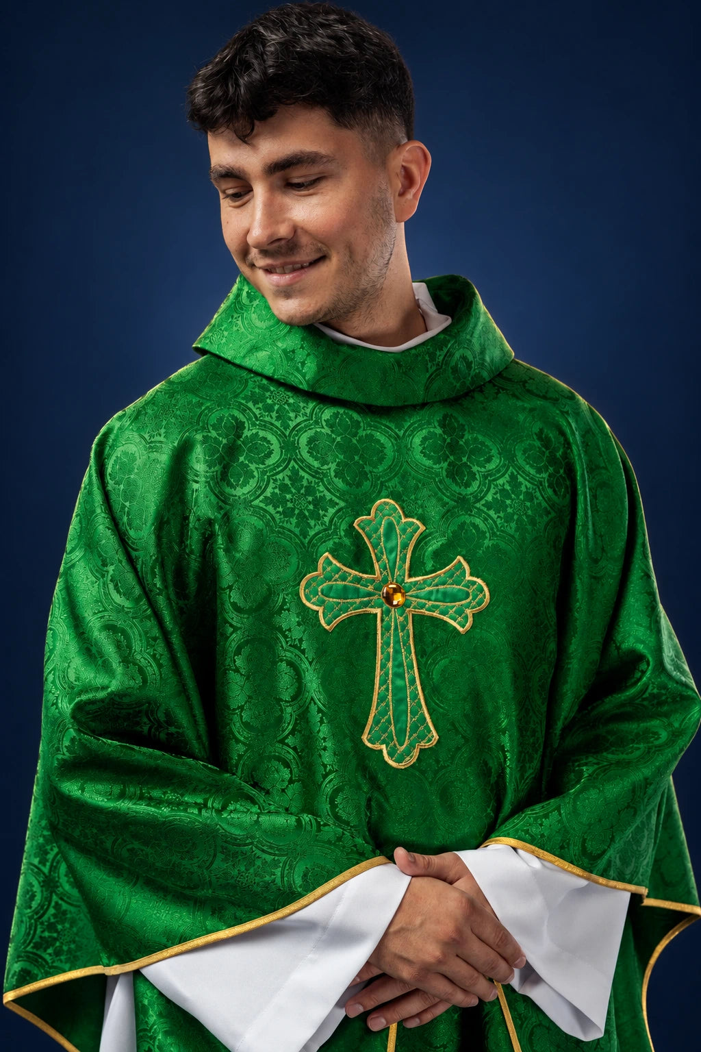 Green Embroidered Chasuble with Cross Symbol, front worn view with gold cross embroidery and trim