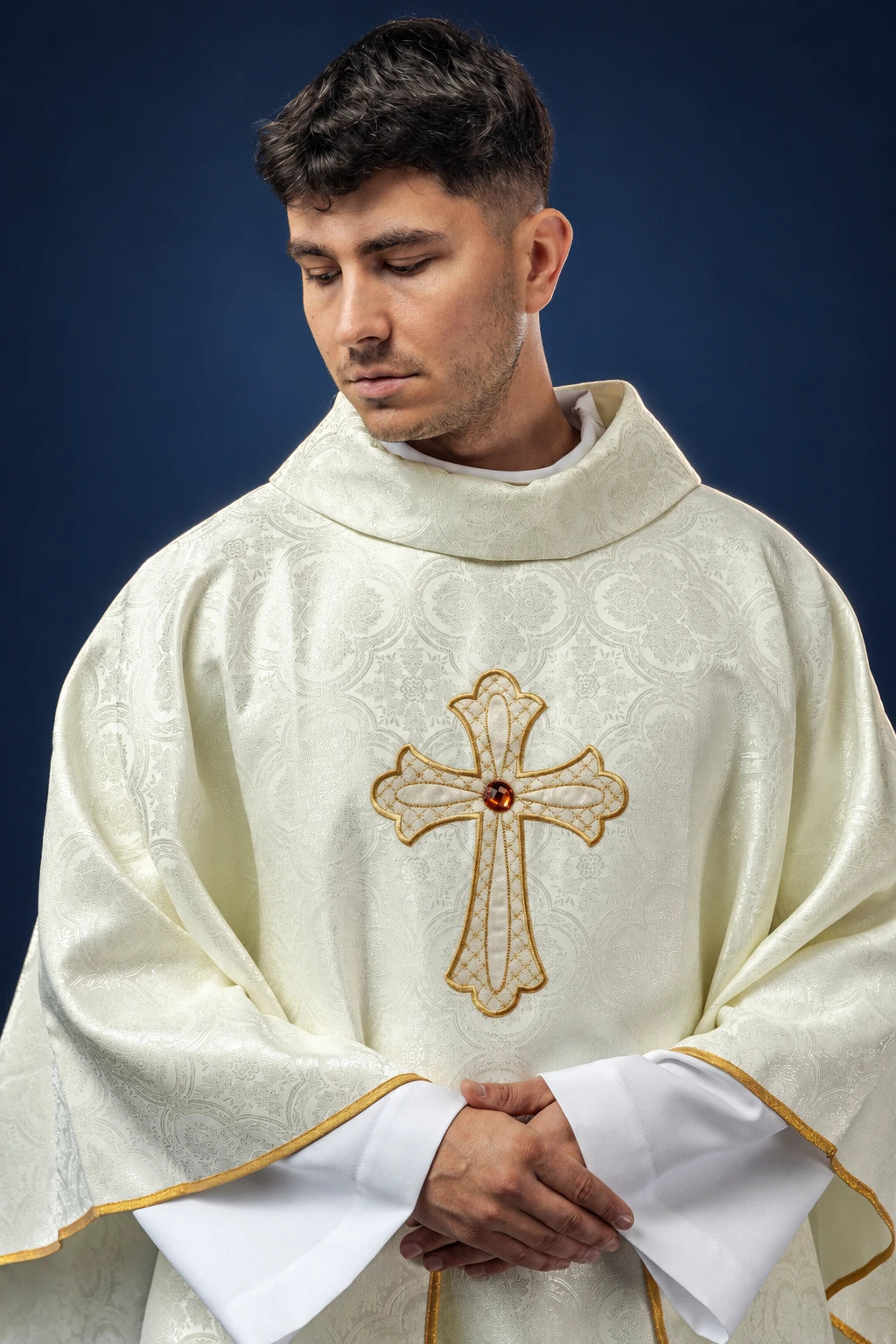 Embroidered Ecru Chasuble with a Cross Symbol, front view with gold trim and stand-up collar