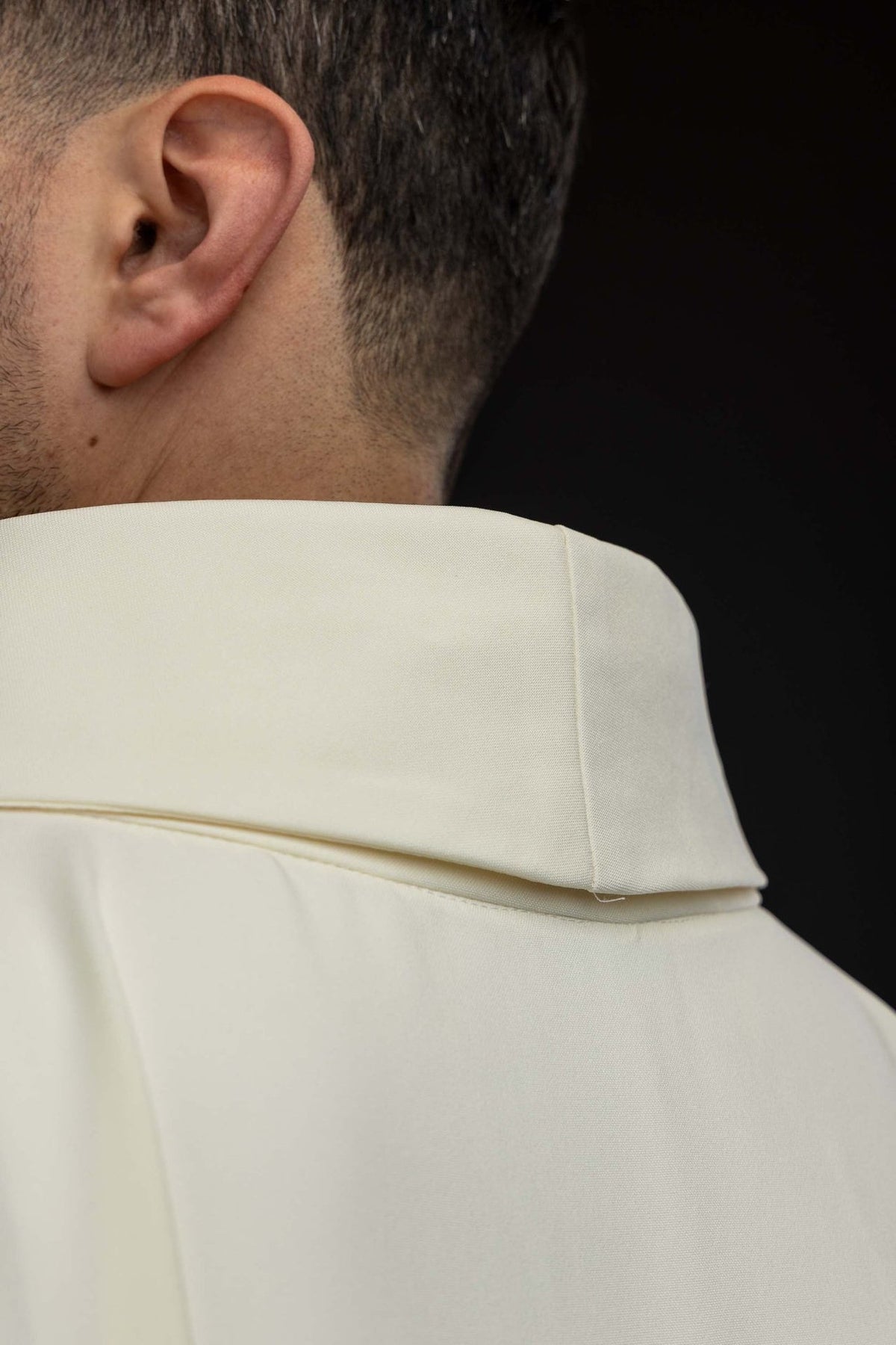 Marian chasuble back close-up with ivory stand-up collar and gold embroidery