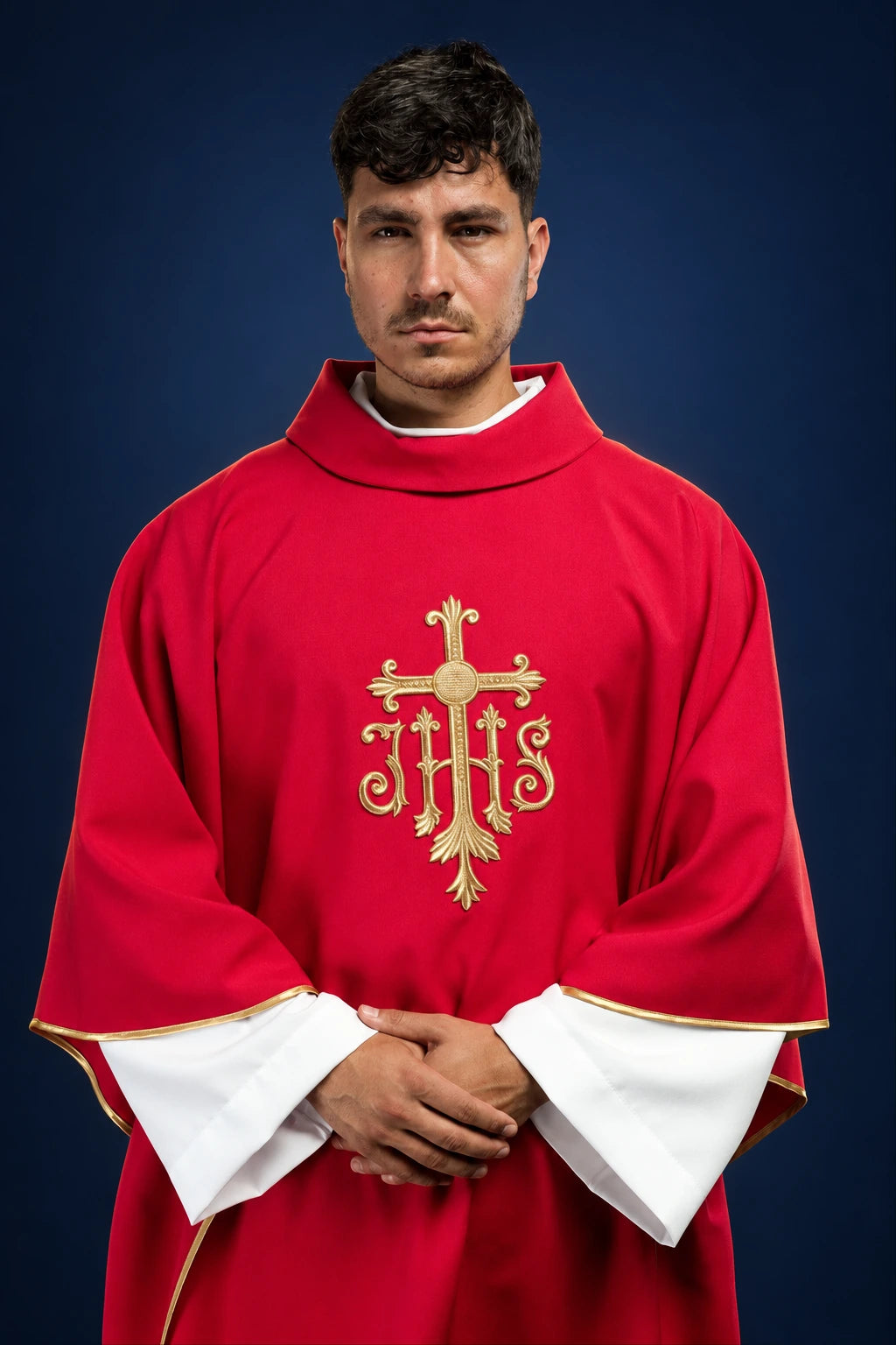 Embroidered Red Chasuble with IHS Symbol, front view with gold embroidery and trim