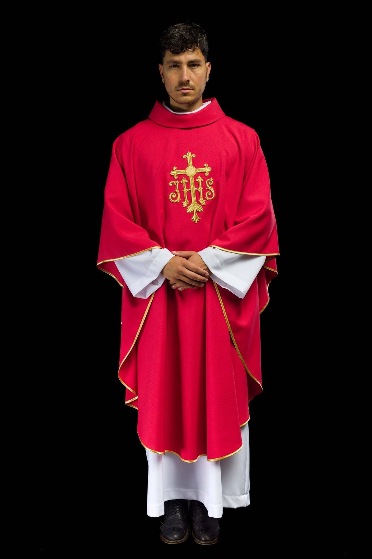 Red chasuble with gold IHS embroidery, full front view