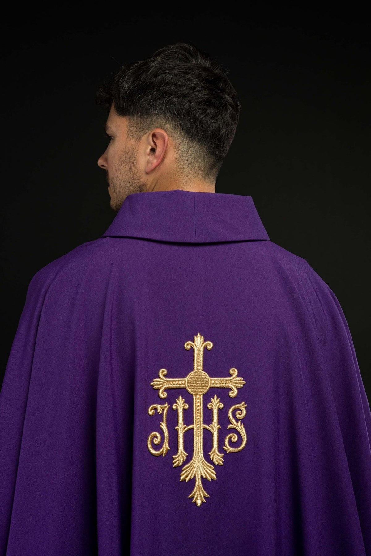 Purple chasuble back with gold Cross and IHS embroidery