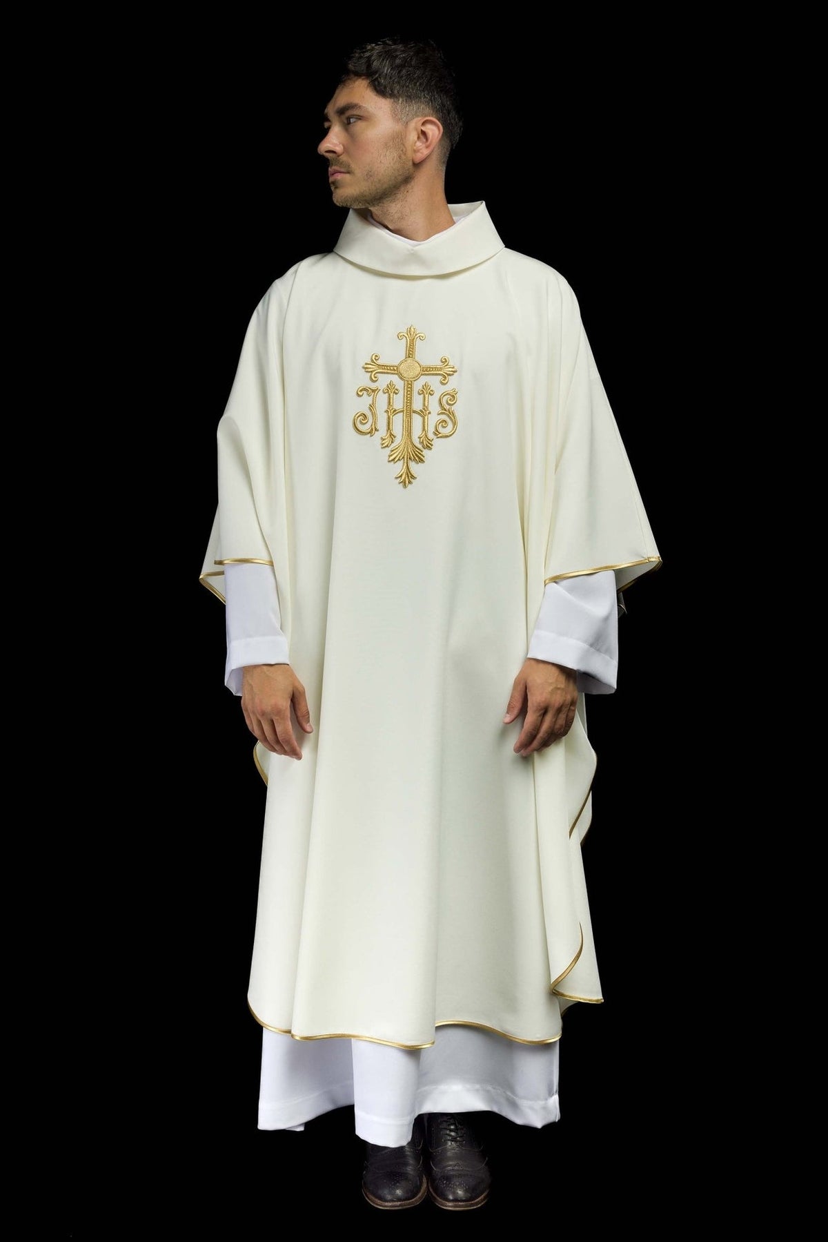 Ecru chasuble full front view with gold embroidered cross and trim