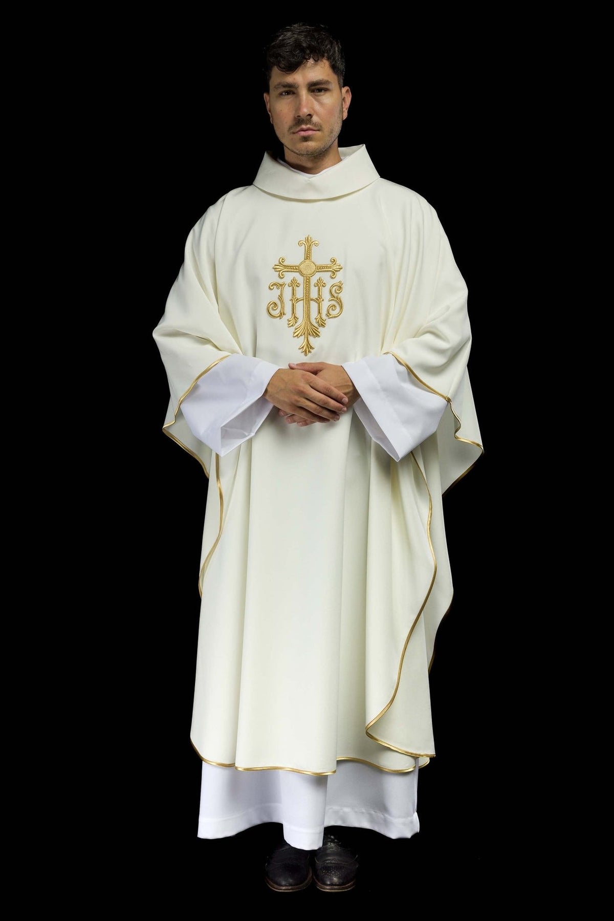 Ecru chasuble front view with gold embroidered cross and trim