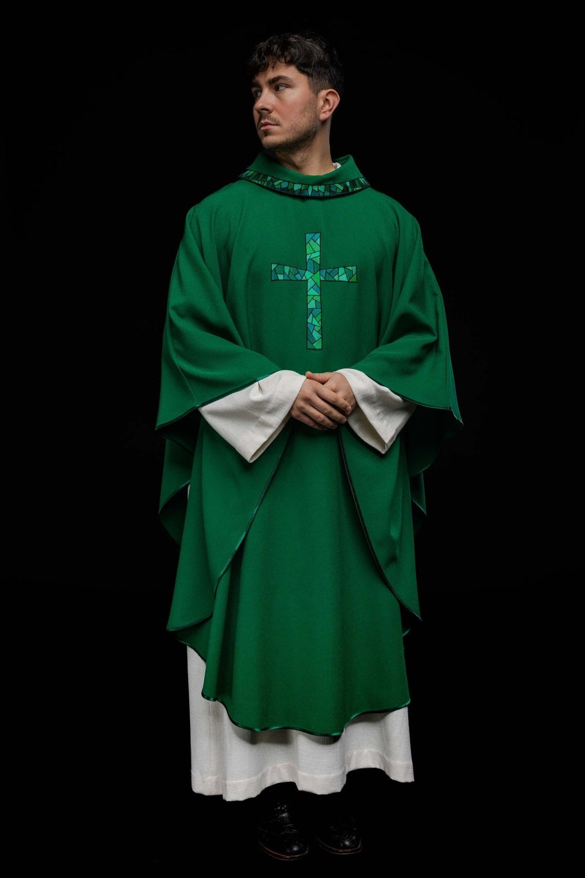 Green chasuble three-quarter front view with mosaic cross