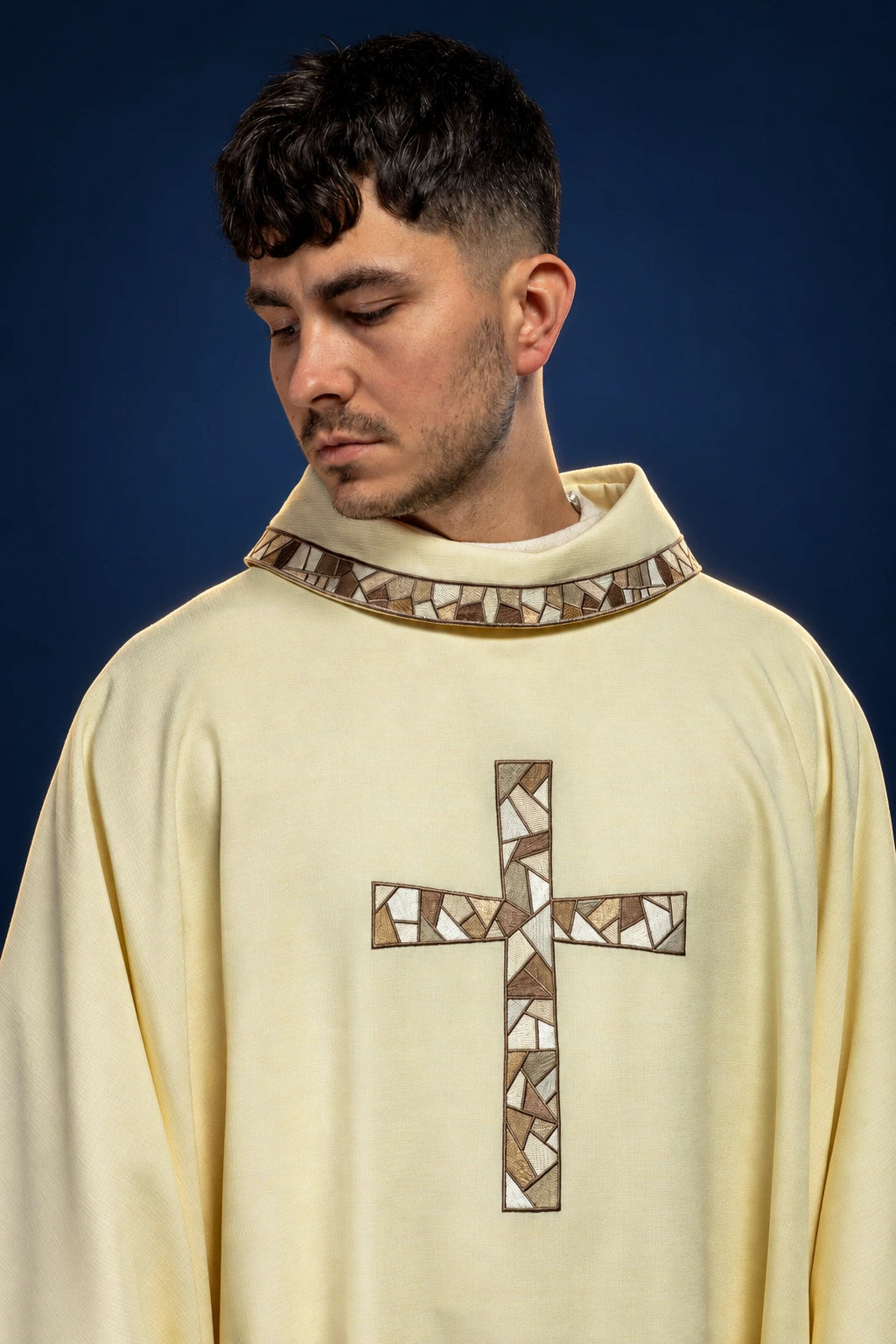 Ecru Embroidered Chasuble with Cross, front view with stand-up collar and geometric cross