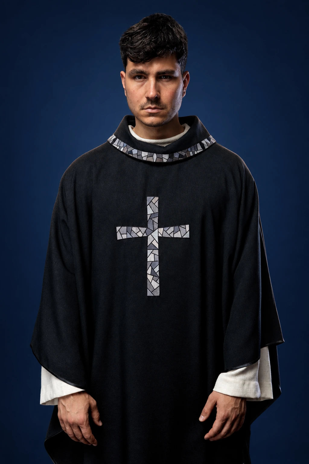 Black Chasuble with a Mosaic Cross, front view with mosaic cross and stand-up collar trim