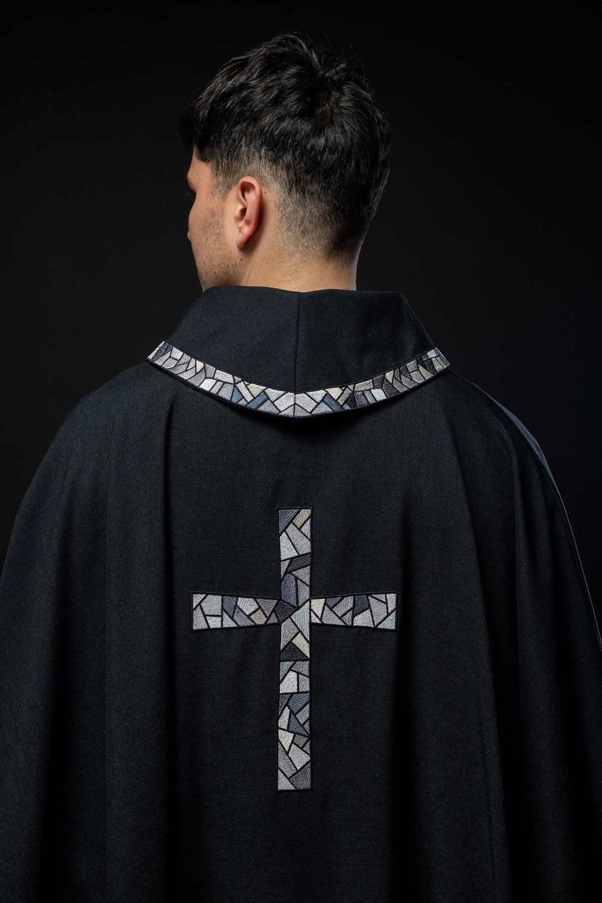 Black chasuble close-up of mosaic embroidery on stand-up collar trim