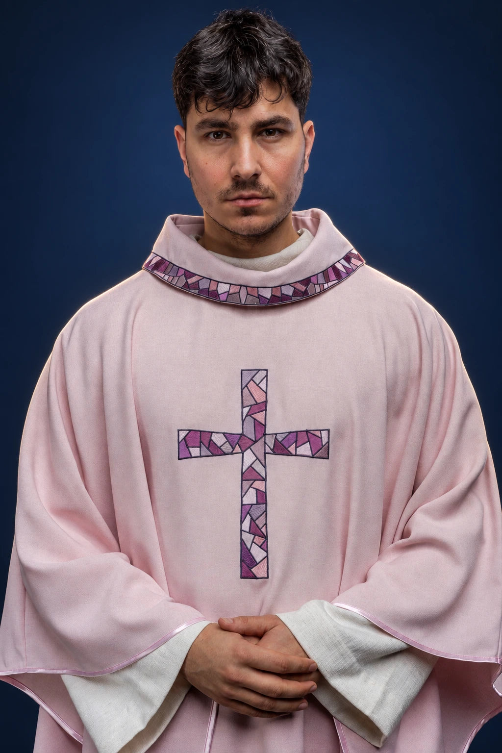 Rose Embroidered Chasuble with Mosaic Cross worn from the front