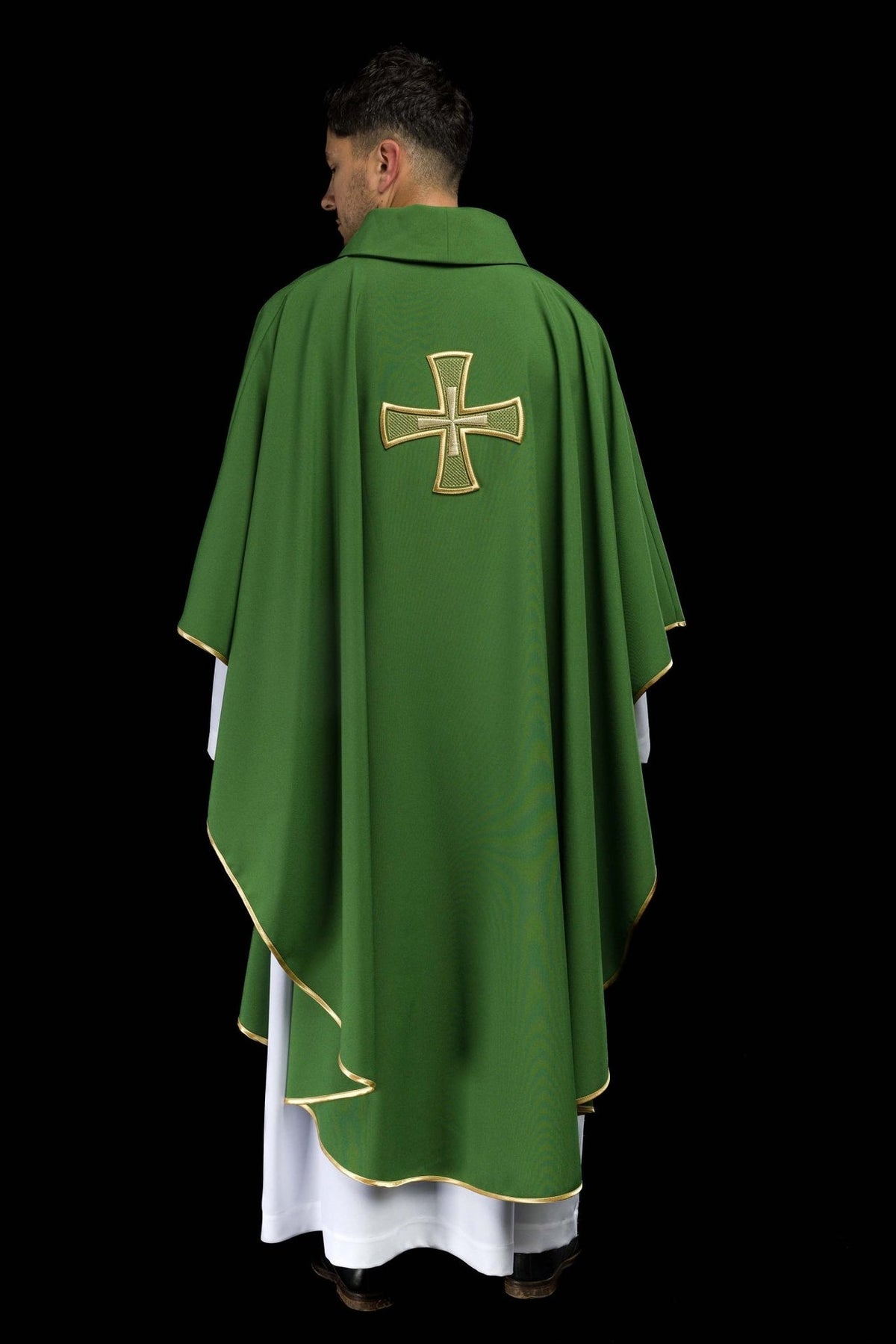 Green chasuble, back view with gold cross embroidery and trim