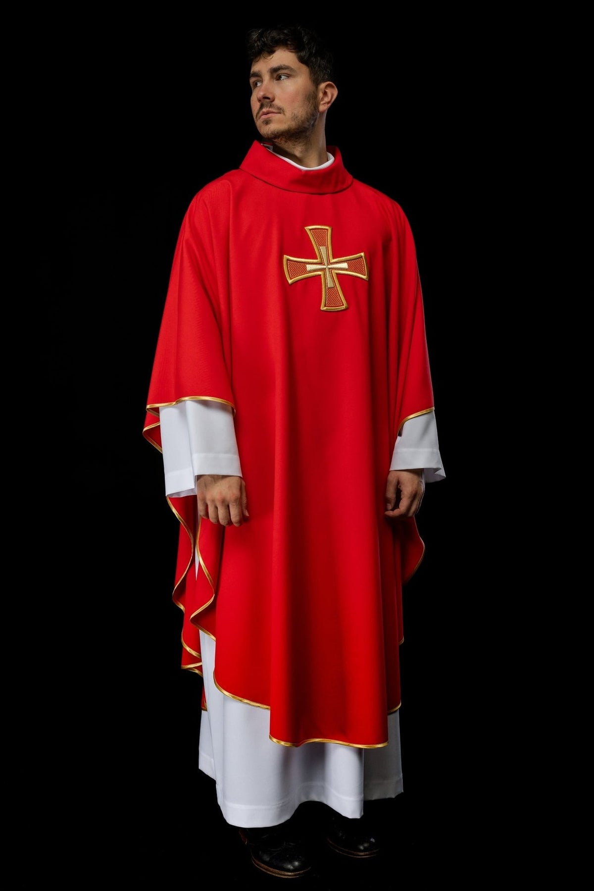 Red chasuble, full front view with gold embroidered cross and trim