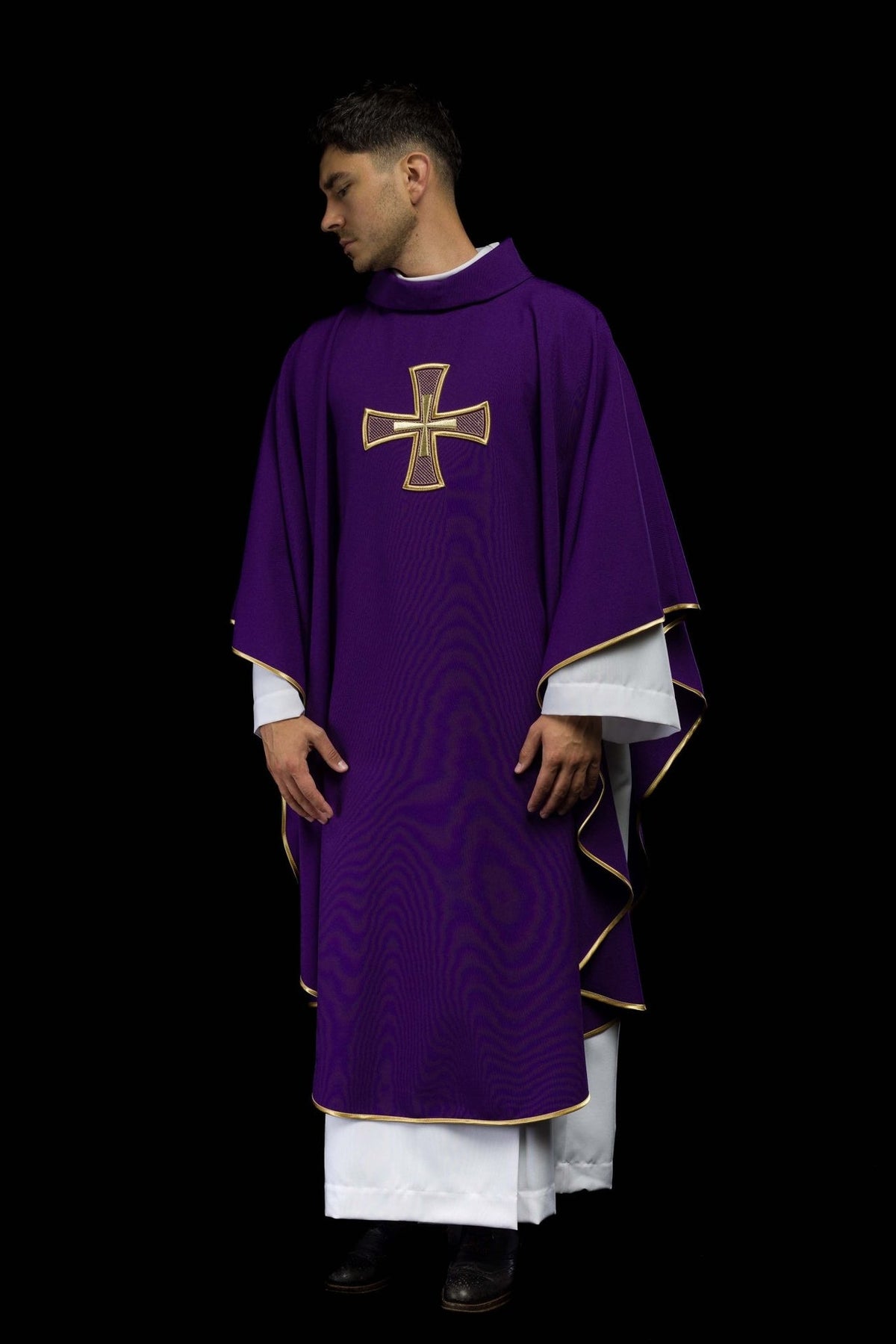 Purple chasuble worn front three-quarter view with gold cross