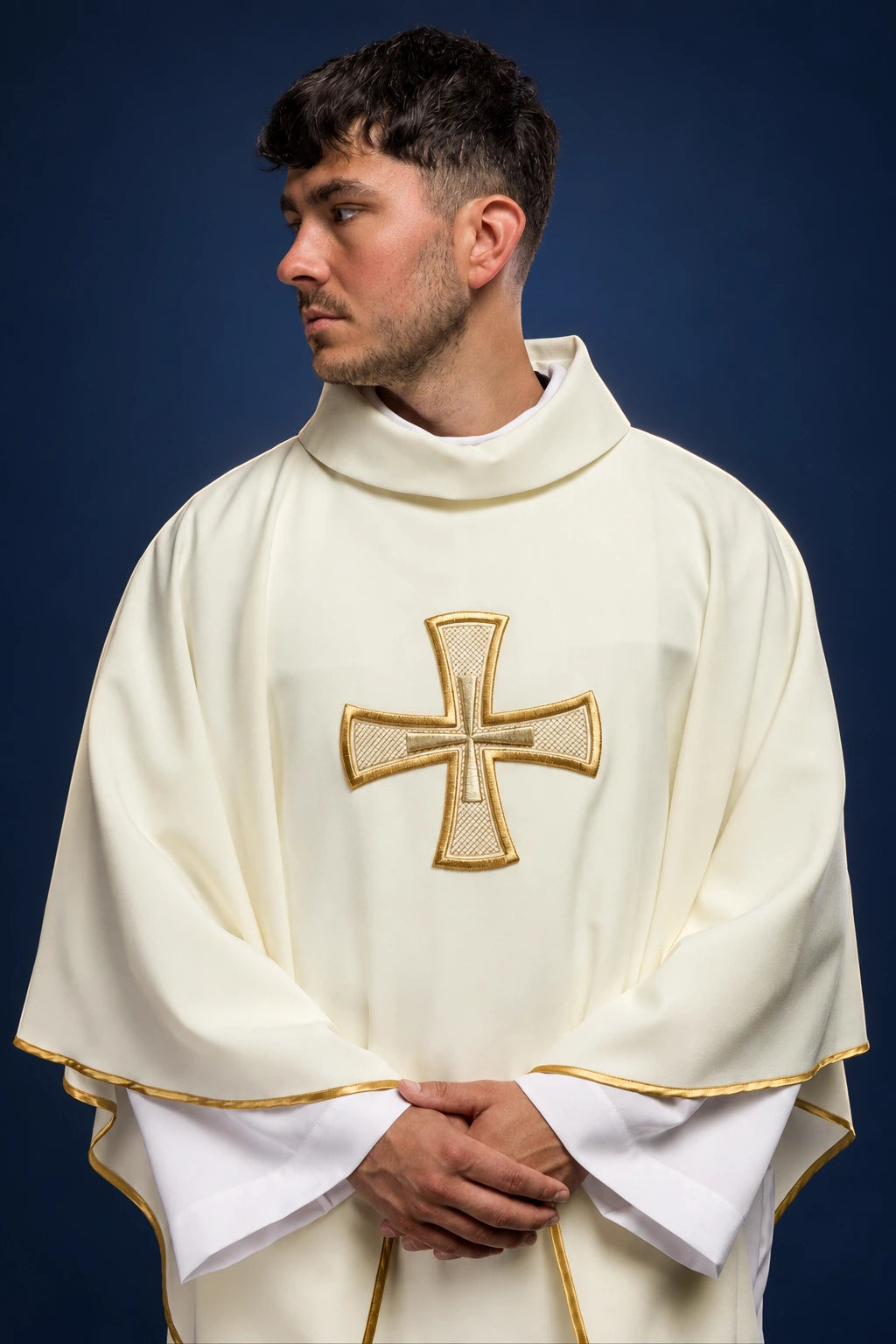 Embroidered Ecru Chasuble with IHS, front view with gold cross embroidery and trim
