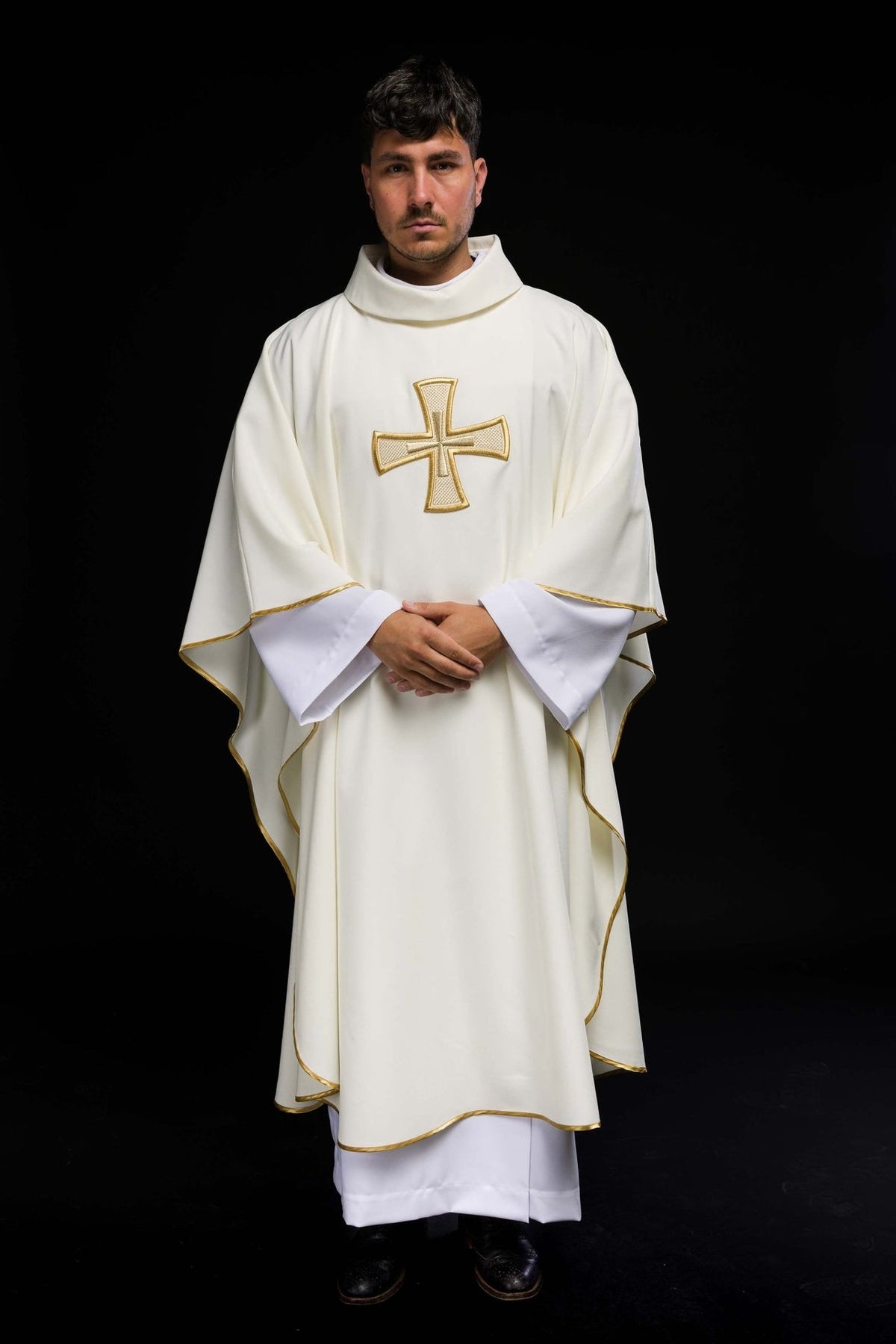 Ecru chasuble, full front view with gold cross embroidery and trim