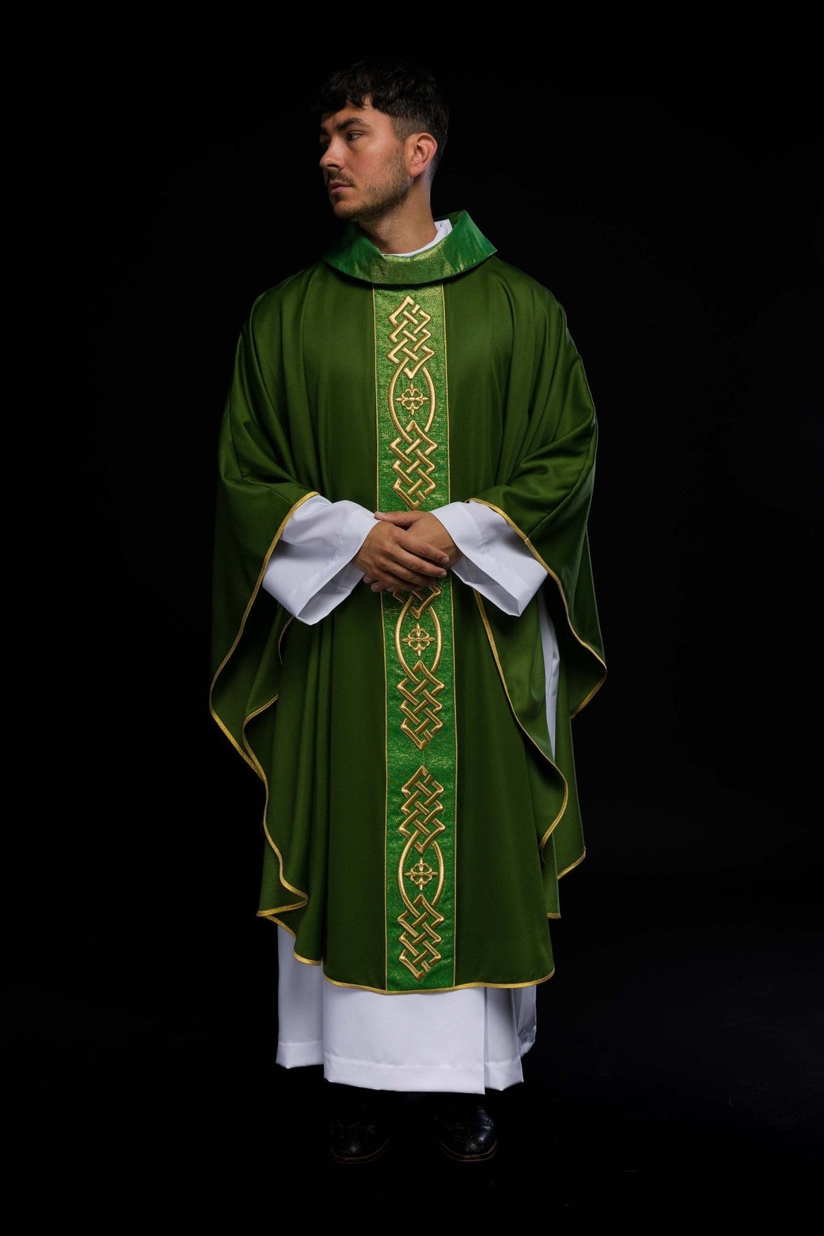 Green chasuble, full front view with decorative gold orphrey and stand-up collar