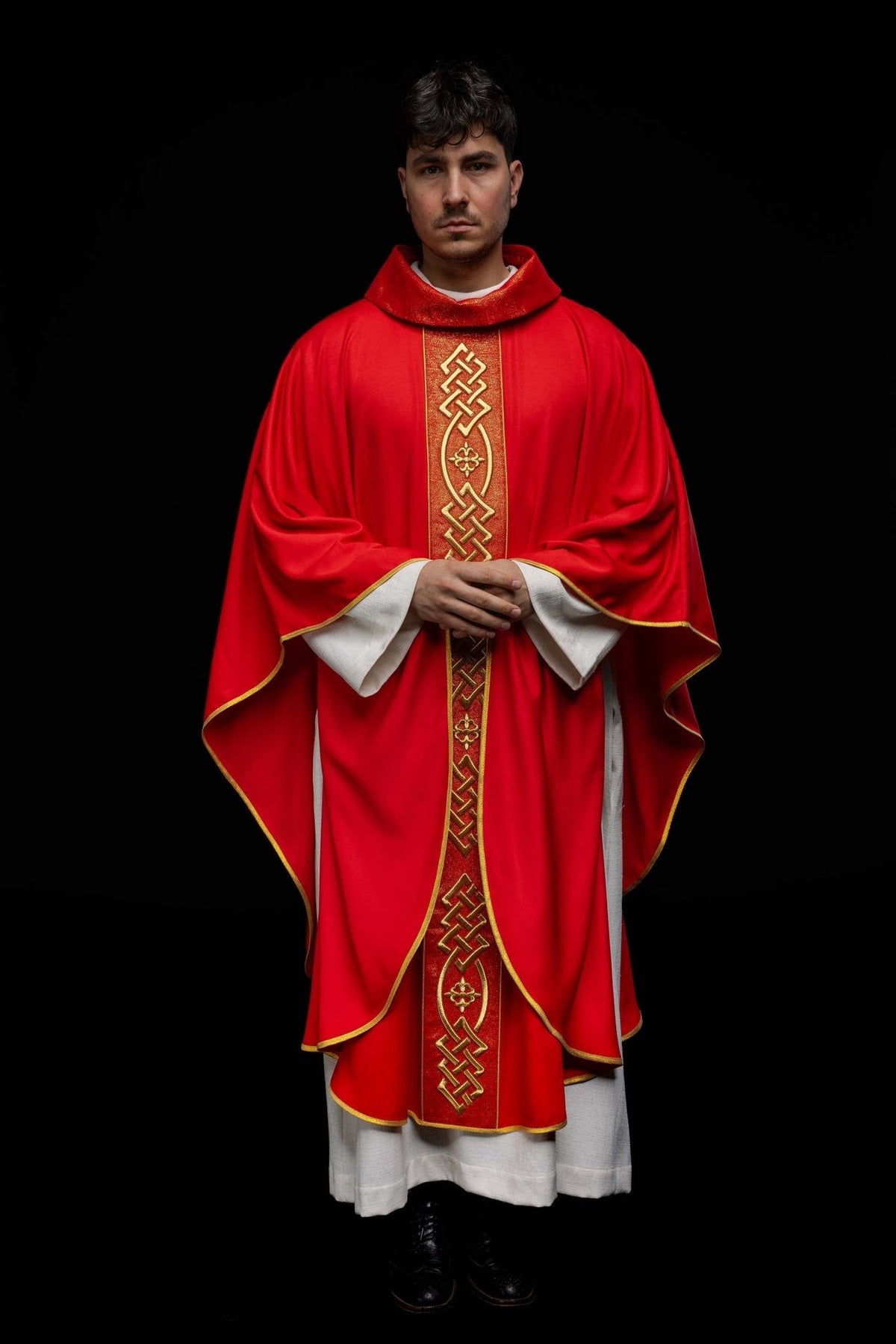 Red chasuble full back view with gold embroidery and trim