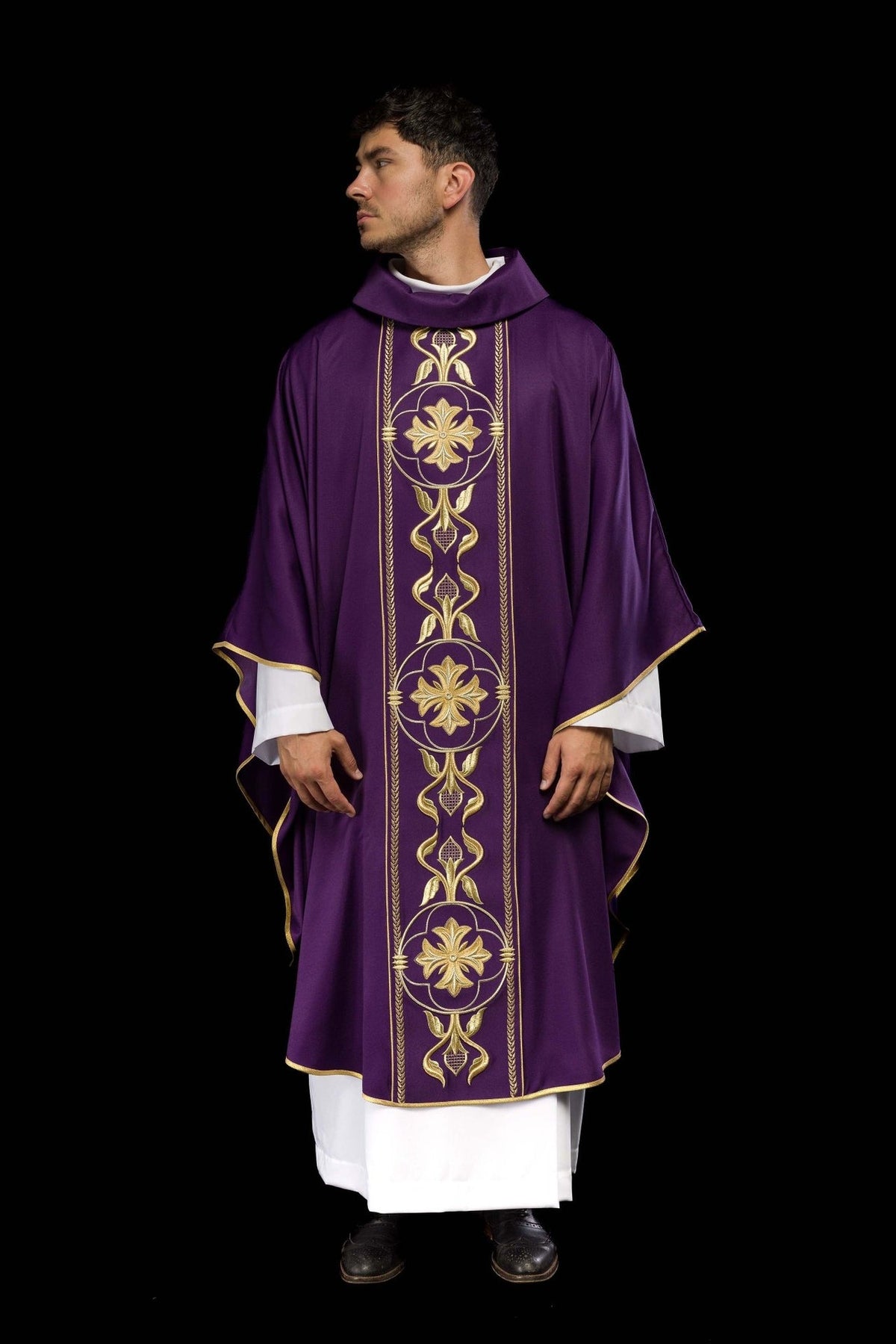 Purple chasuble front view showing full gold embroidered orphrey and gold trim