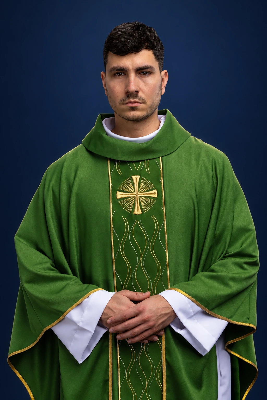 Embroidered Chasuble with Green Cross, front view with green fabric, gold trim and central embroidered orphrey