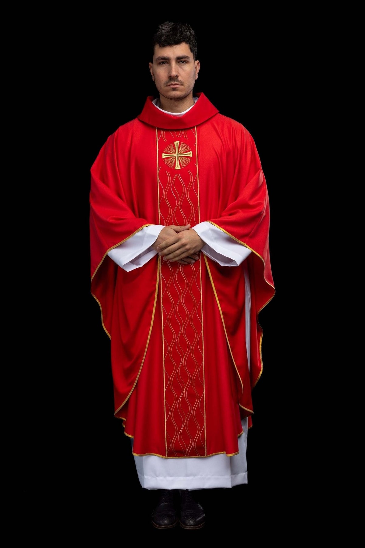 Red chasuble, full front view with gold cross, orphrey embroidery and trim