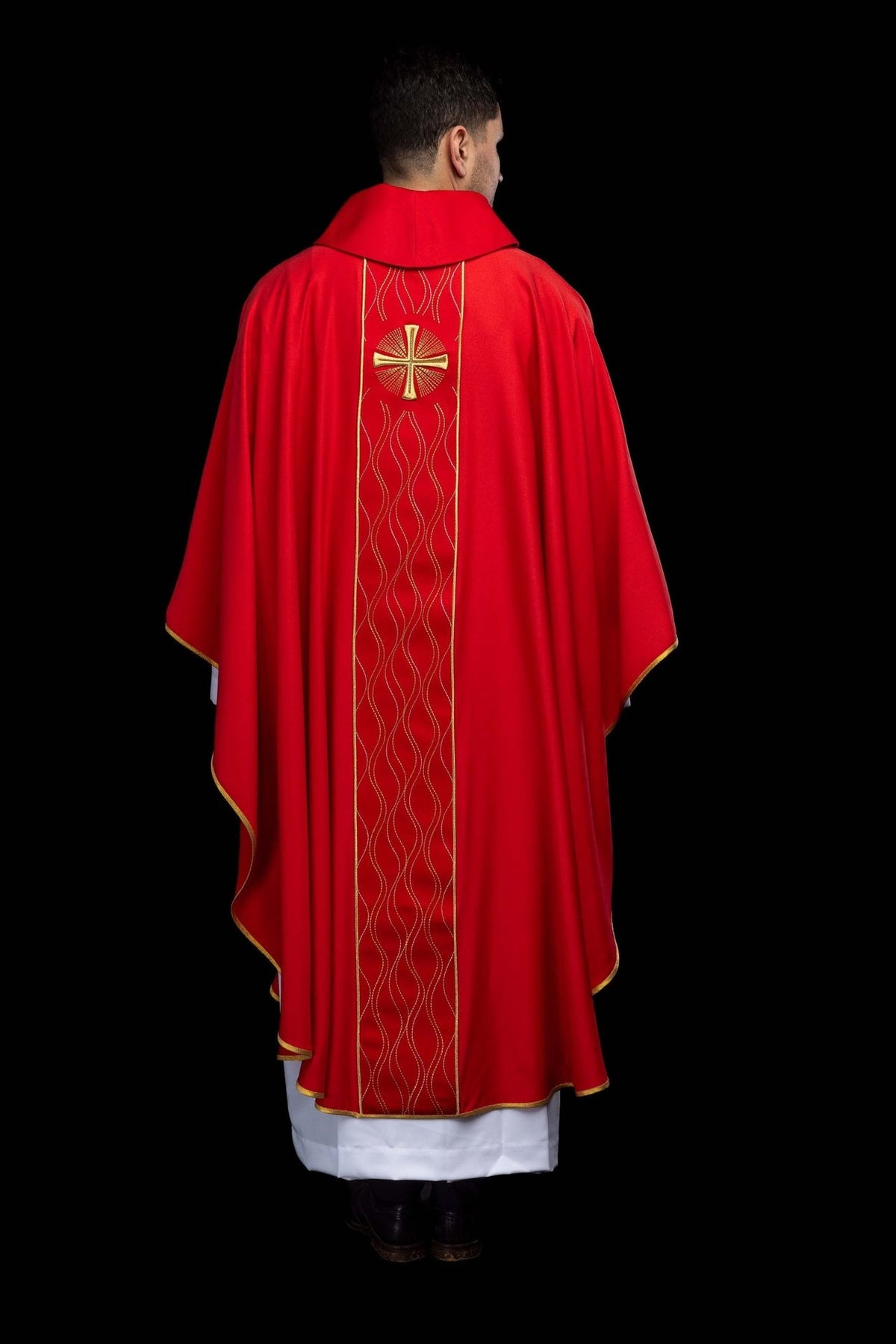 Red chasuble back close-up with gold cross embroidery and stand-up collar