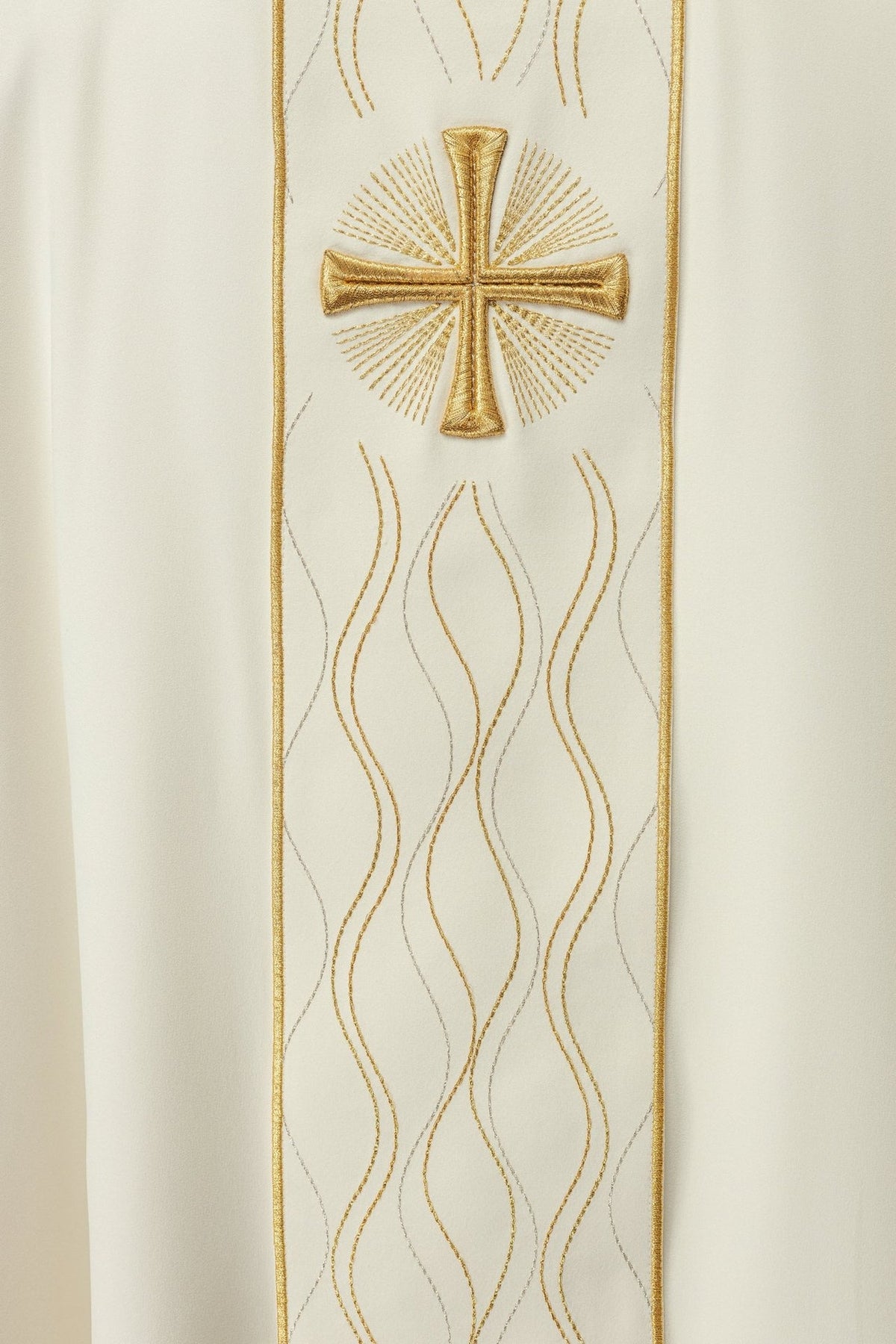 Ecru chasuble inner stole close-up with gold cross and wavy embroidery