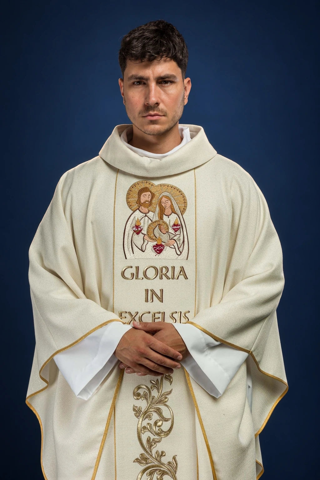 Embroidered Christmas Chasuble with Holy Family Image, front view in ivory with gold trim