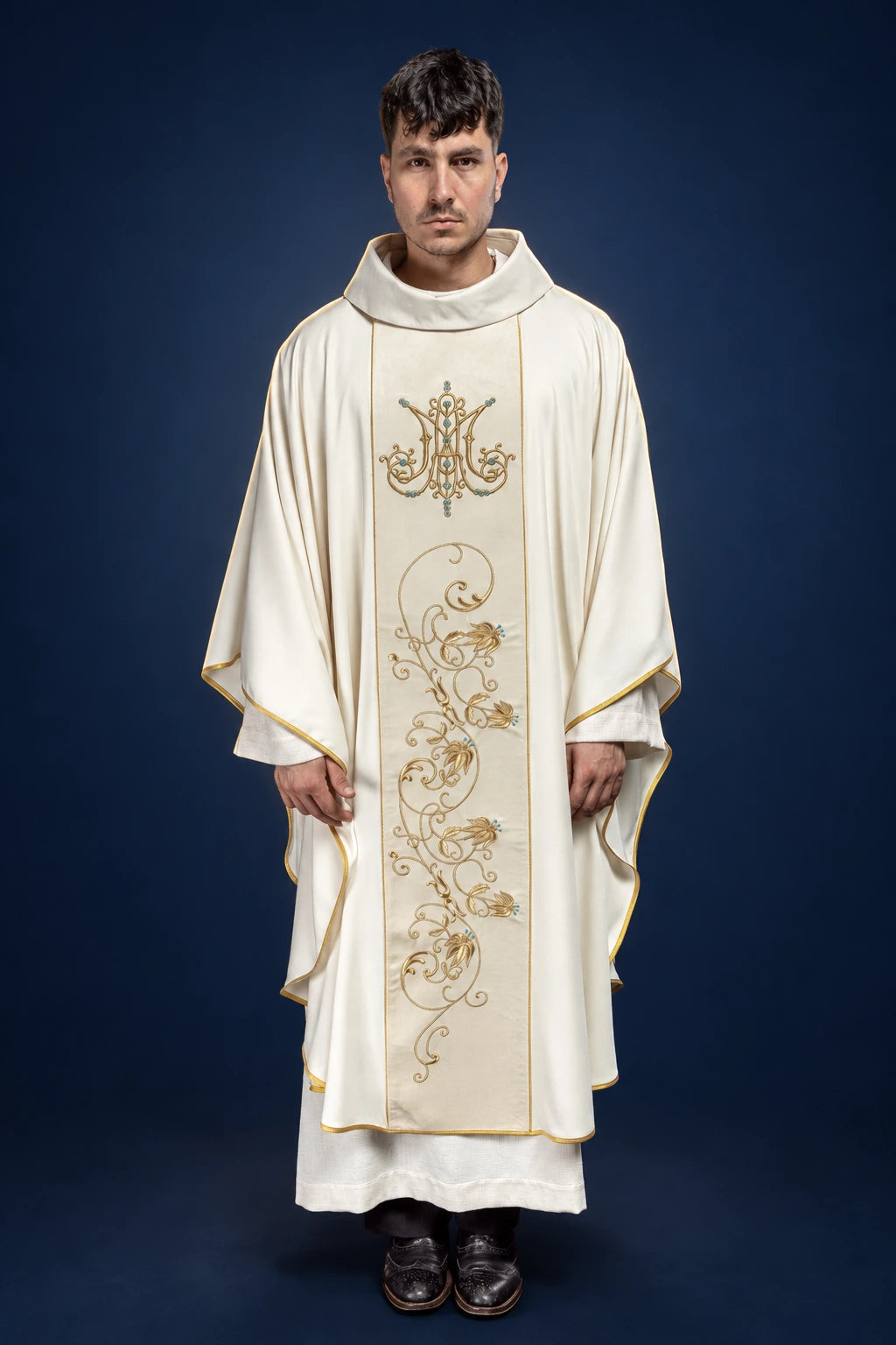 Marian Liturgical Chasuble with Ecru Velvet Orphrey, front view with gold and blue Marian embroidery