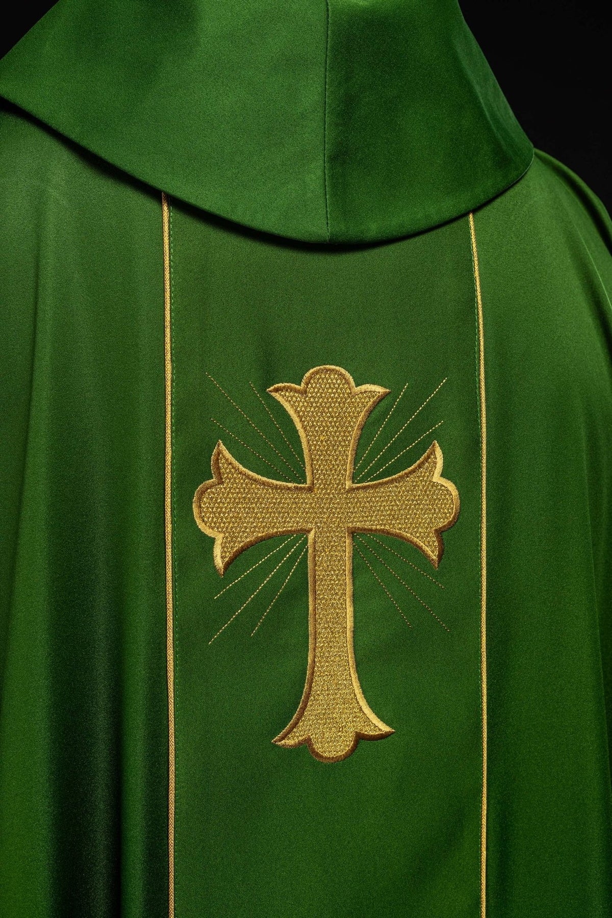 Green chasuble close-up of gold cross embroidery and wheat detail